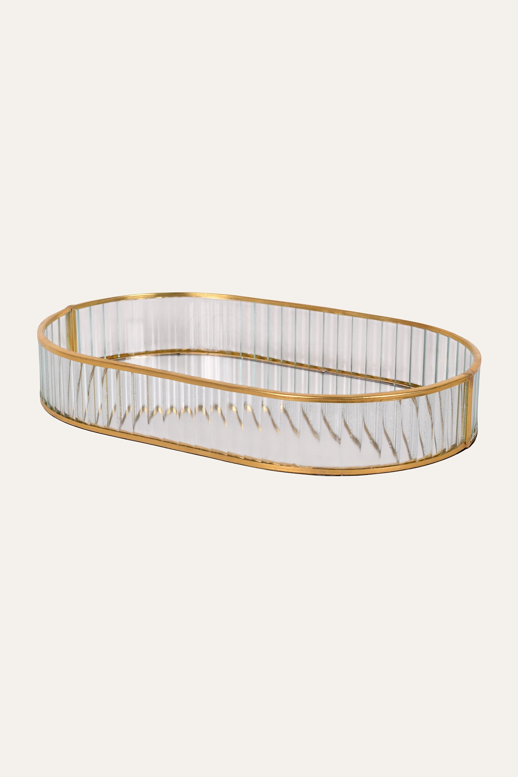 Oval Fluted Glass and Metal Tray in Gold