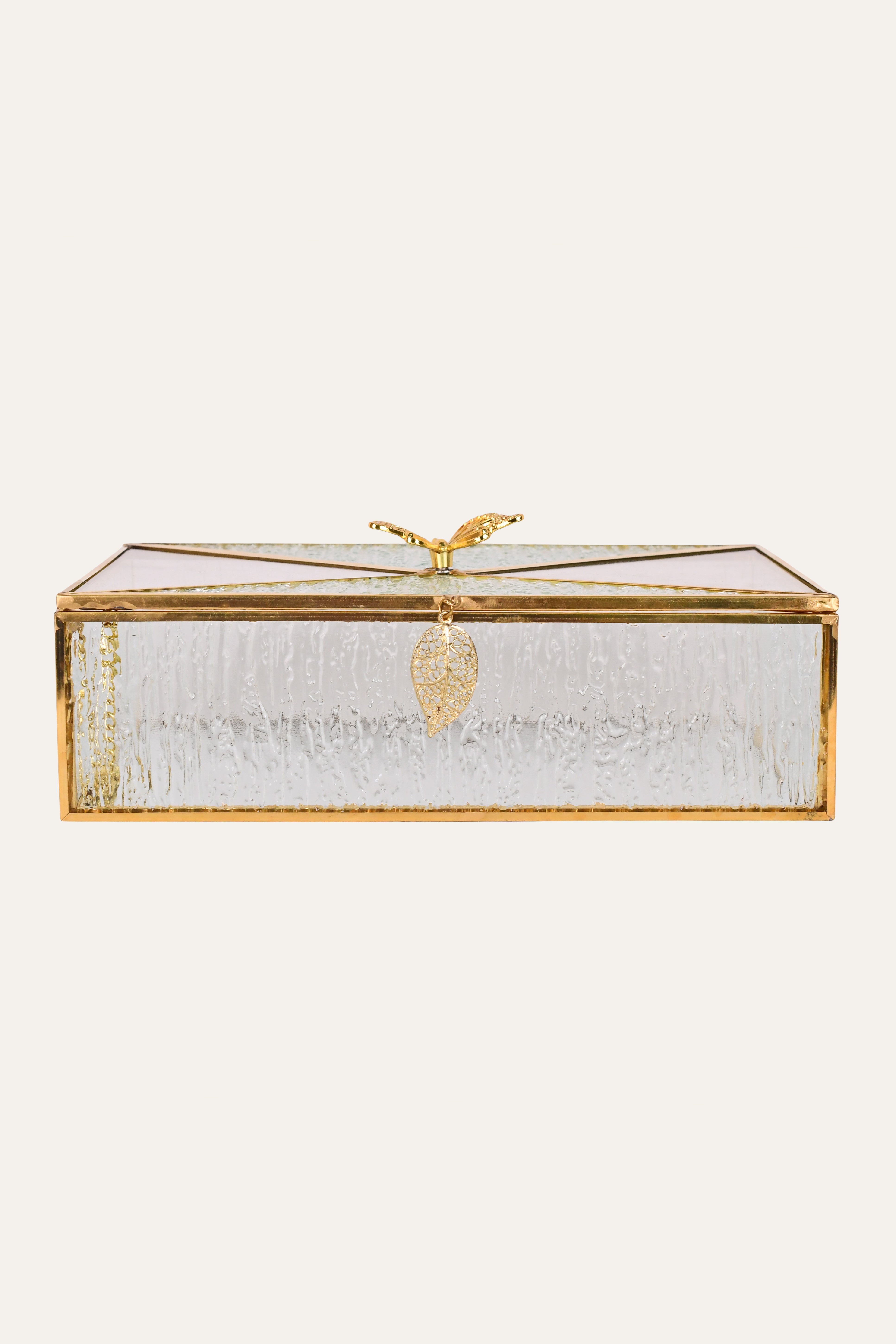 Glass Metal Hinged Storage Box with Butterfly Accent