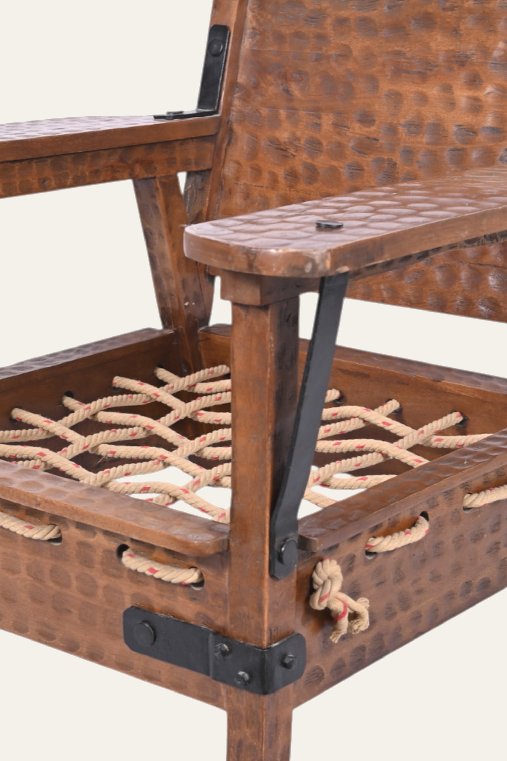 Hammered  Box Style Wooden Lounge Arm Chair with Metal Straps