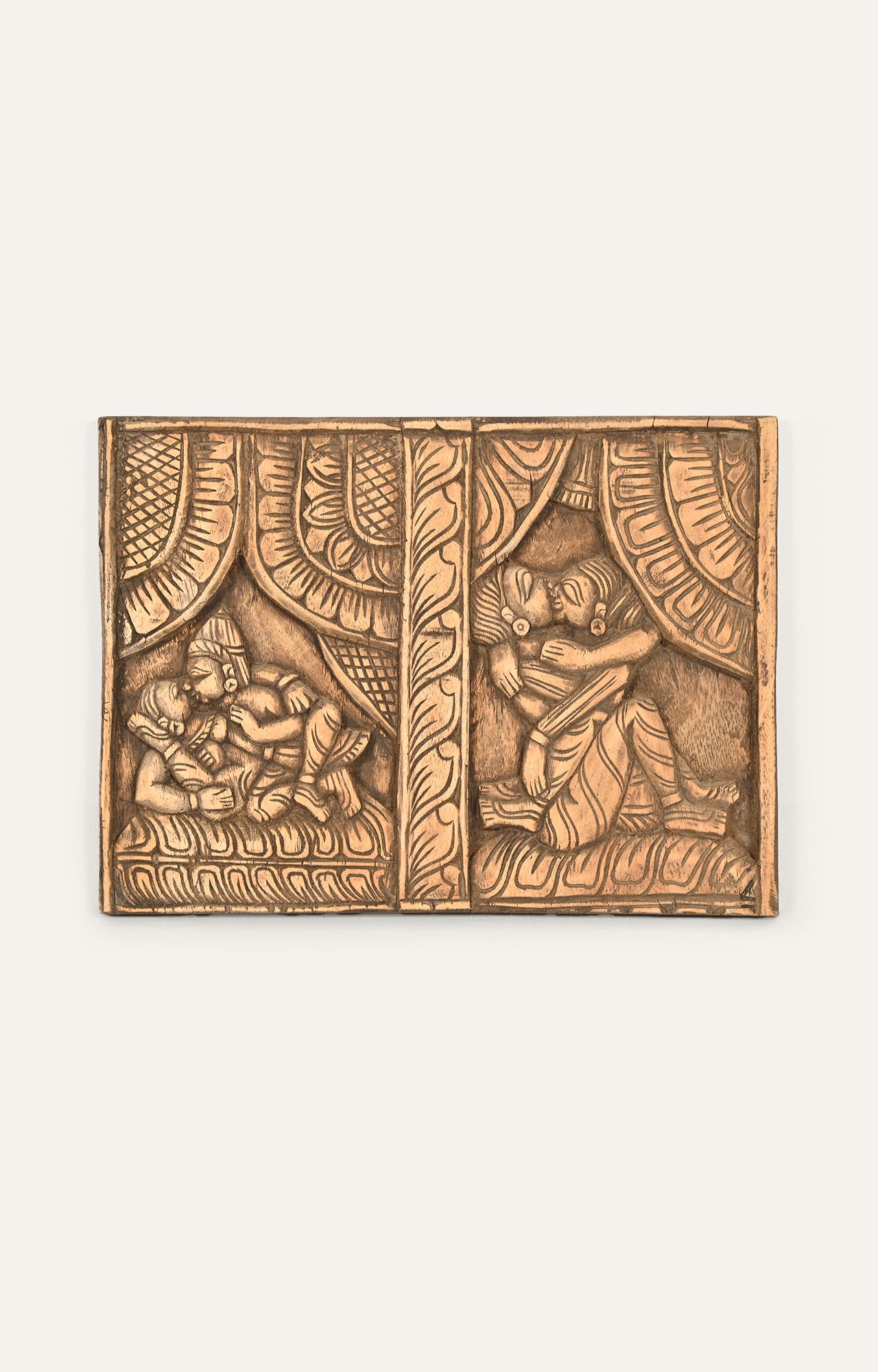 Ancient Vintage Asian Indian Erotic Kamasutra Art Carved Wooden Wall Panel