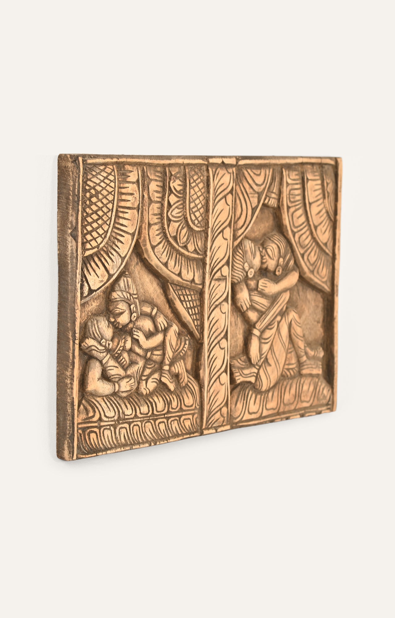 Ancient Vintage Asian Indian Erotic Kamasutra Art Carved Wooden Wall Panel