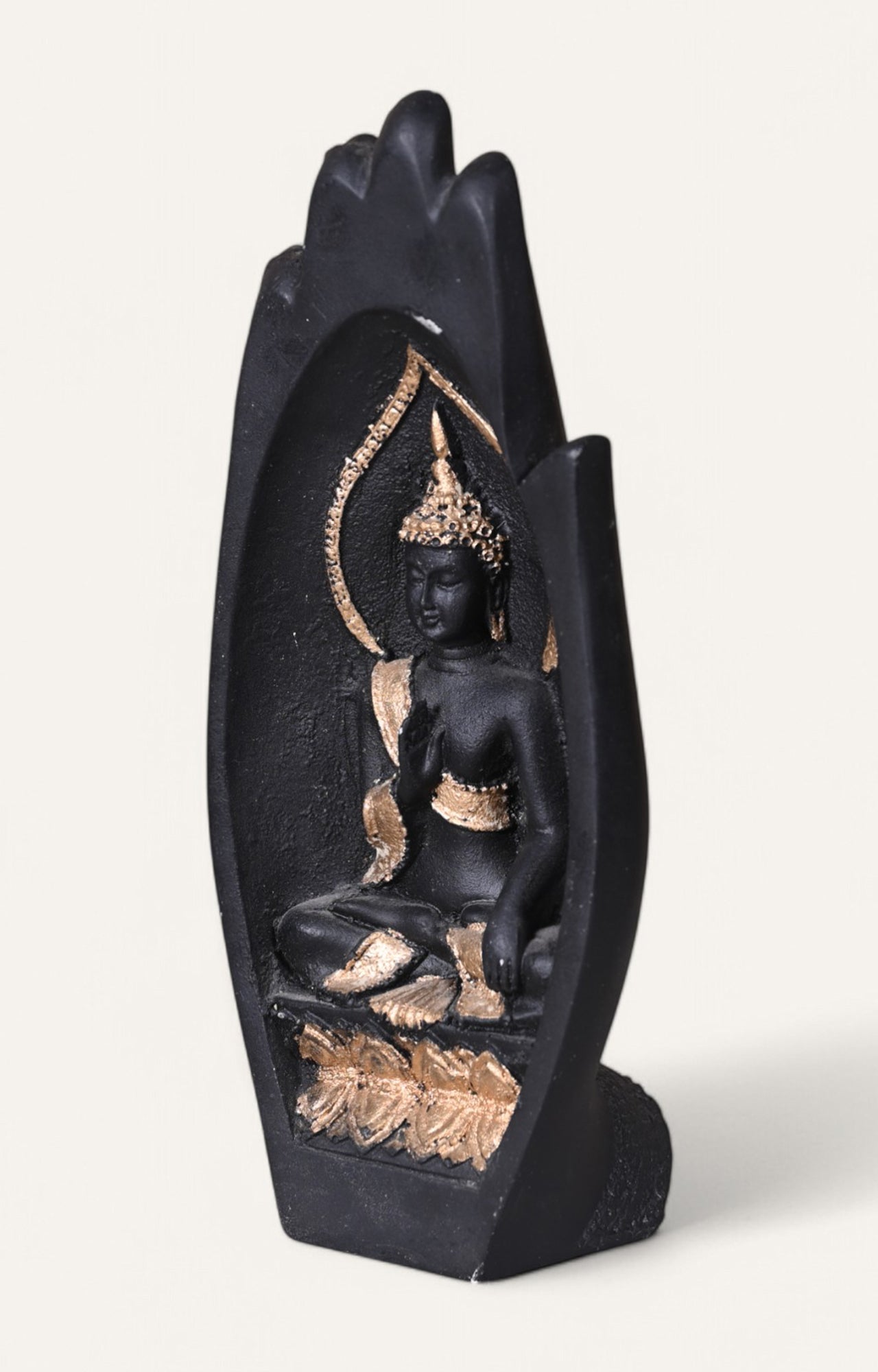 Resin Buddha Sculpture in Hand – Black & Gold Finish