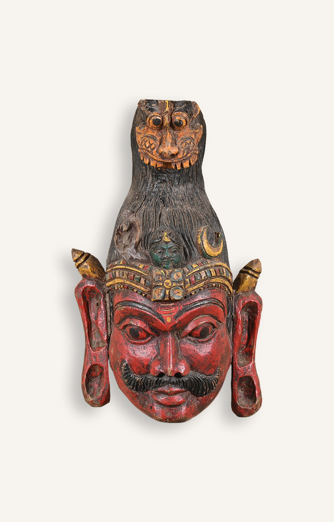 Vinatge South Indian Tribal Carved Wooden Mask with Beaked Animal and Human Features