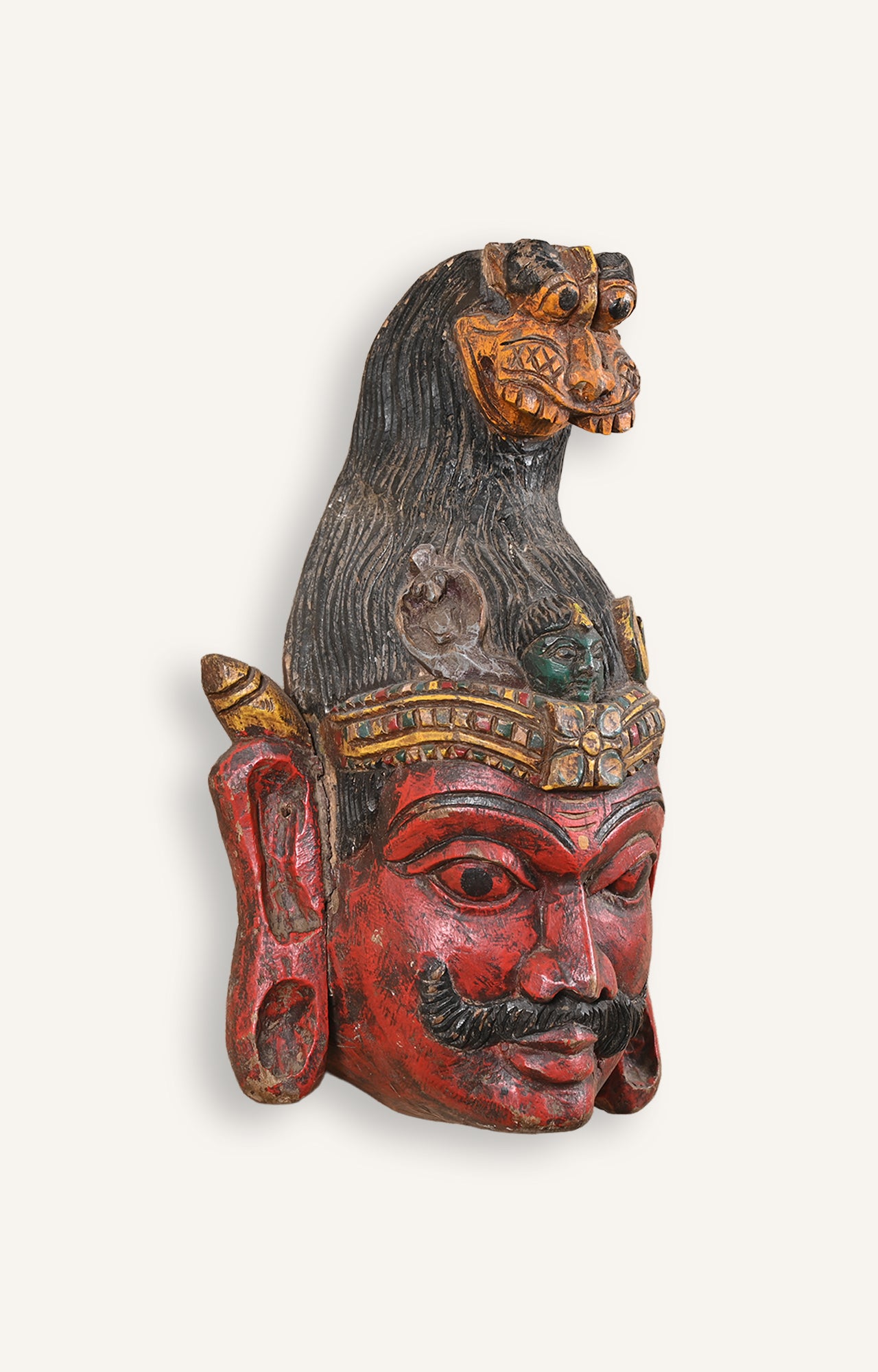 Vinatge South Indian Tribal Carved Wooden Mask with Beaked Animal and Human Features