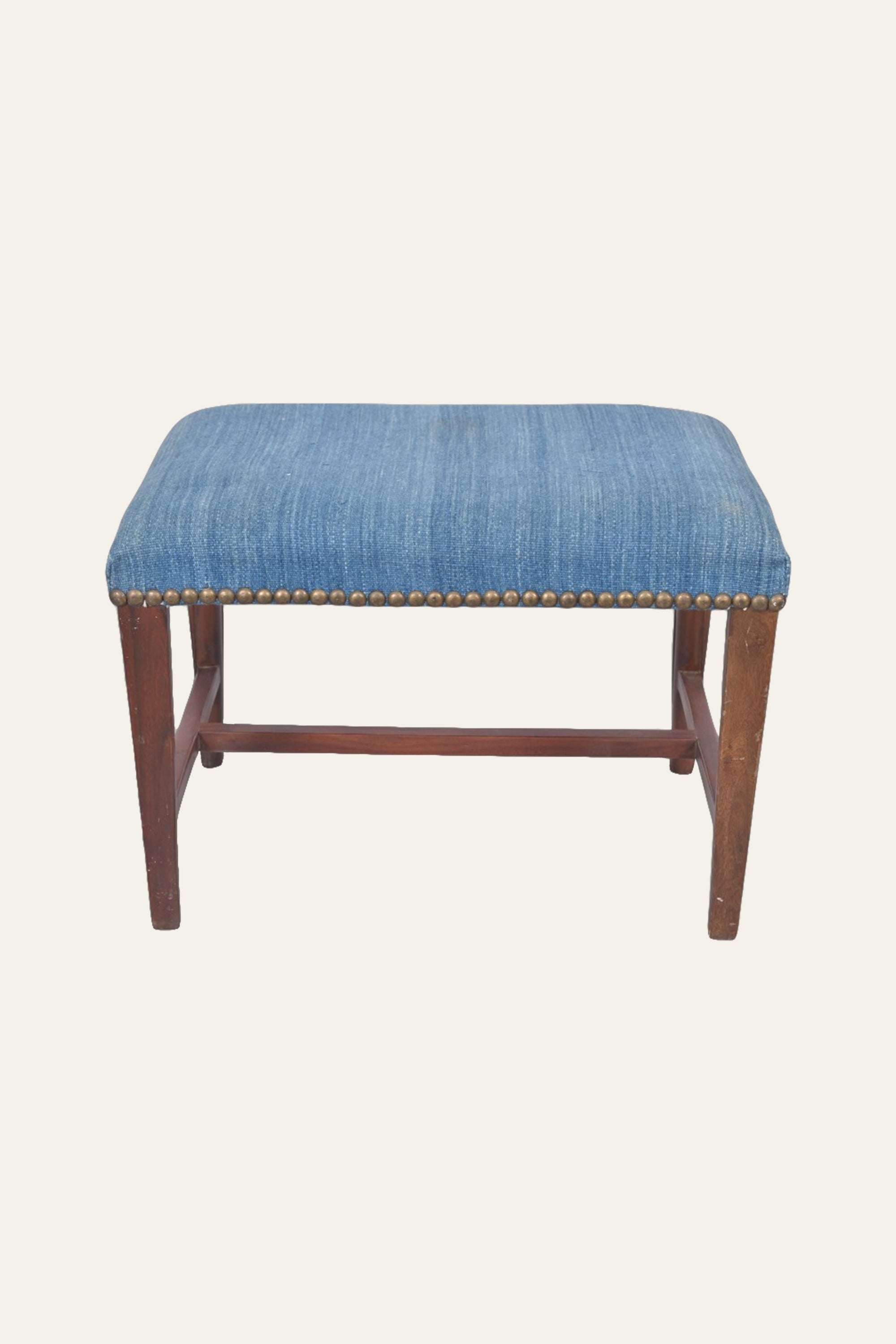 Blue Upholstered Wooden Ottoman with Brass Nailhead Trim