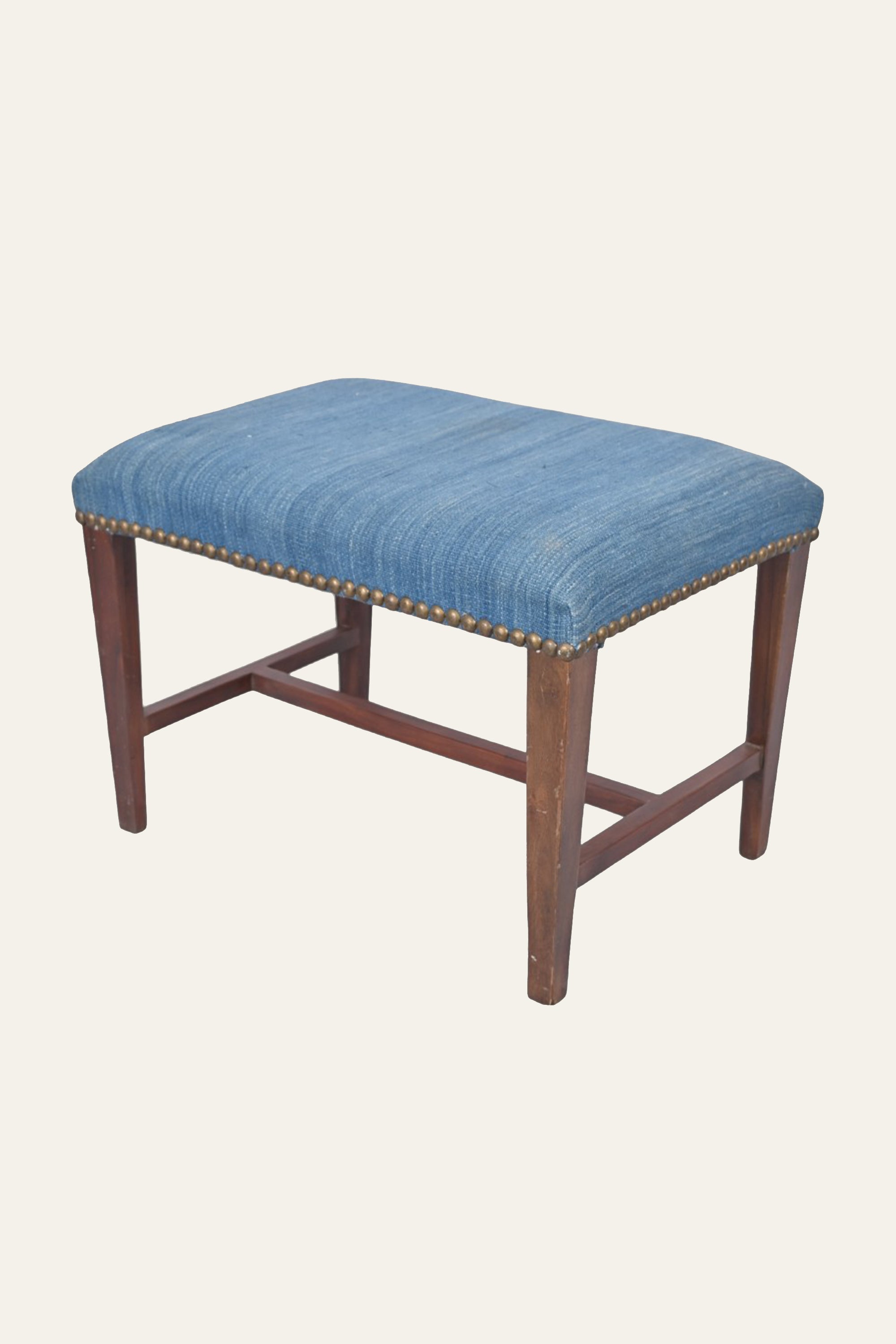 Blue Upholstered Wooden Ottoman with Brass Nailhead Trim