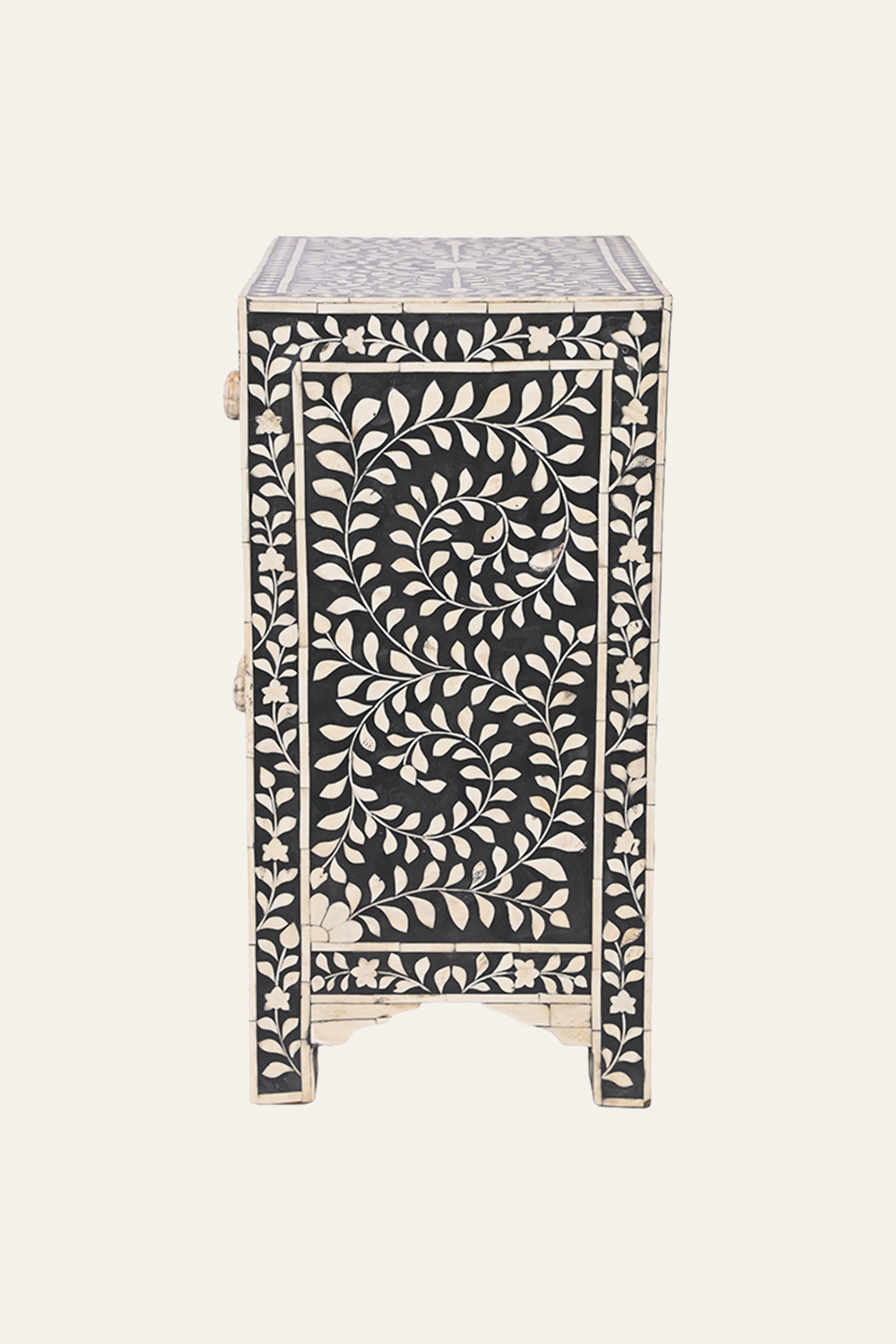 Black Bone Inlay Floral 1-Door Bedside Table with Storage Drawer