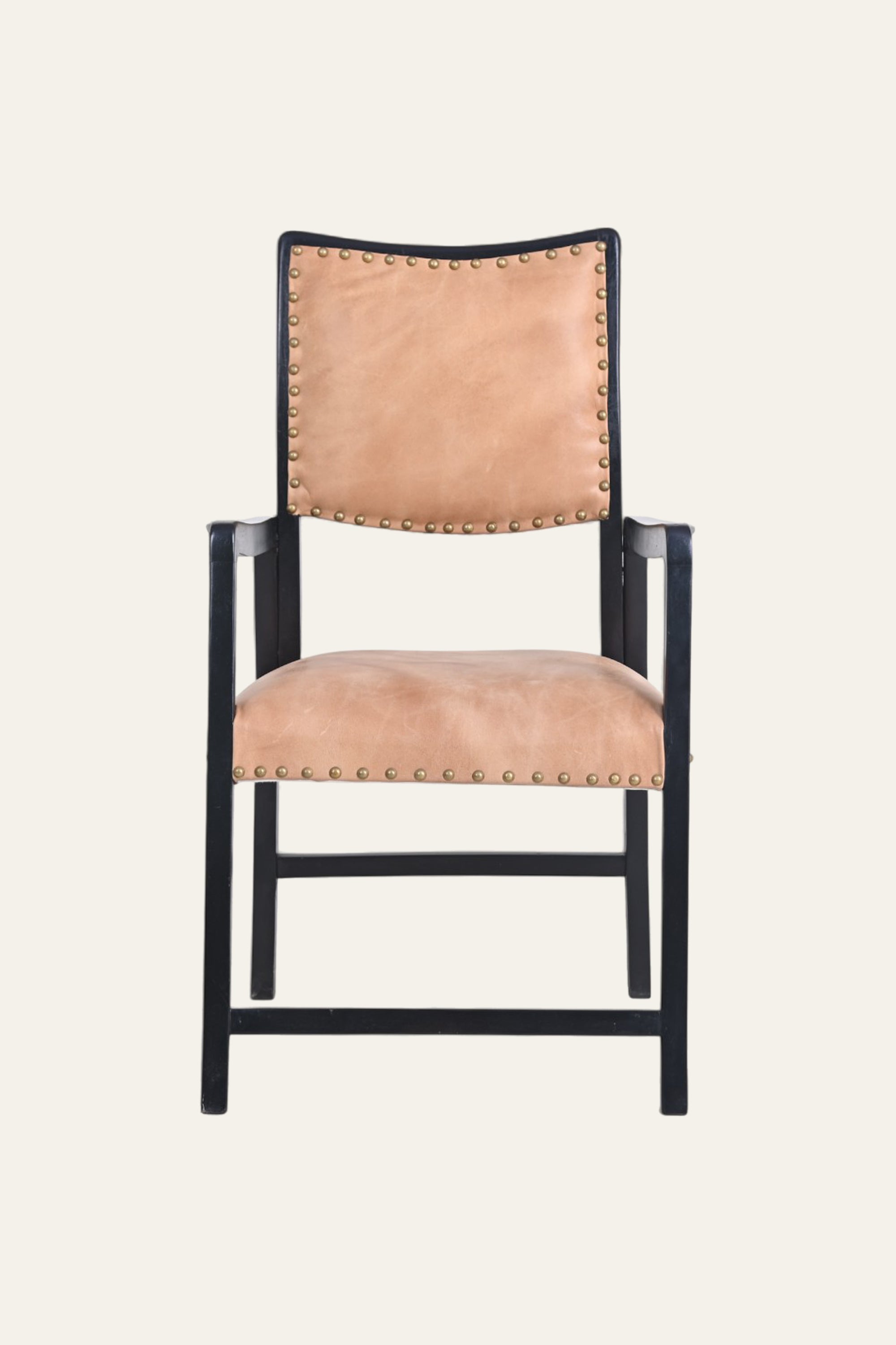 Black Wooden Armchair with Tan Studded Upholstery