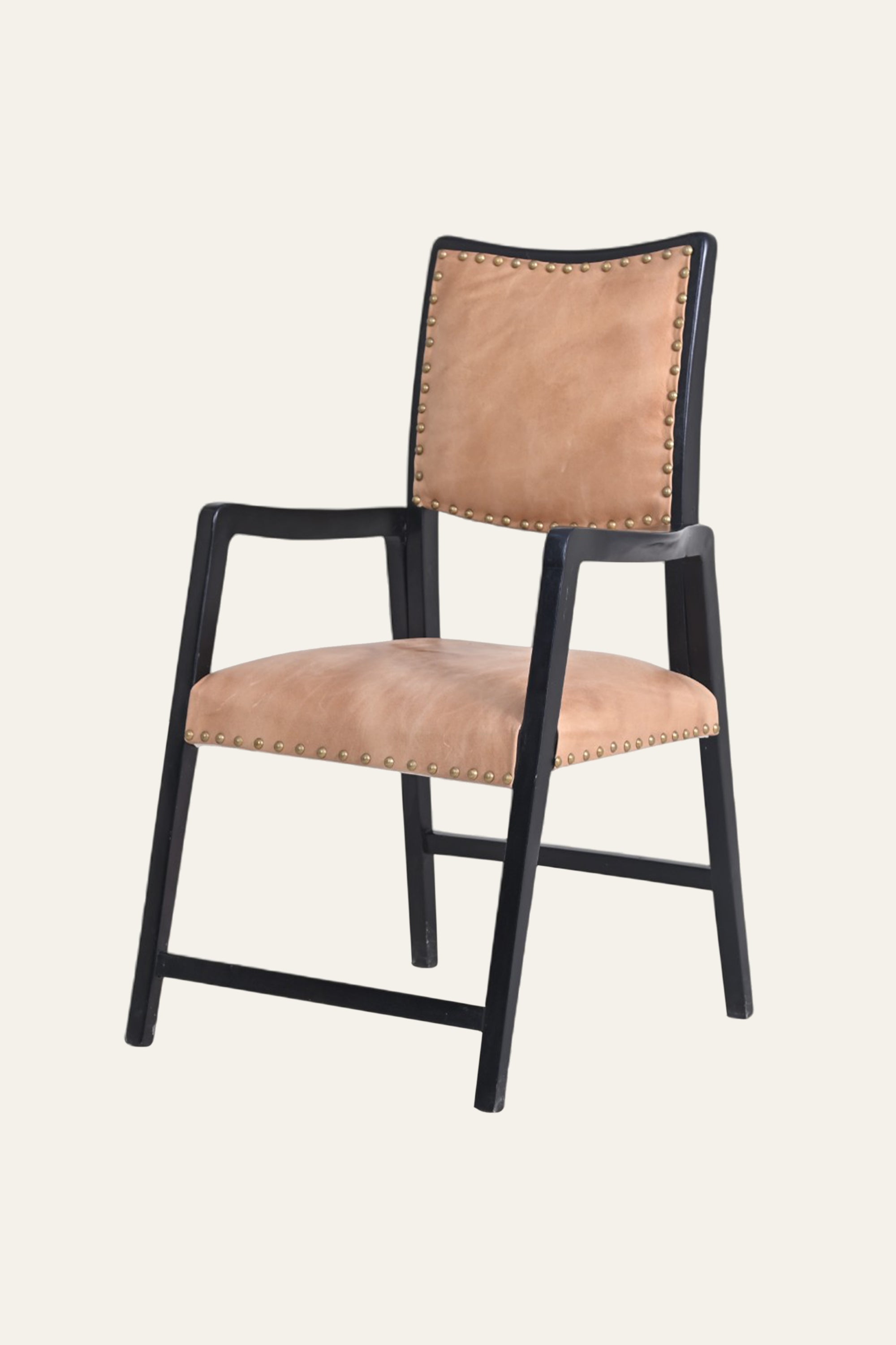 Black Wooden Armchair with Tan Studded Upholstery