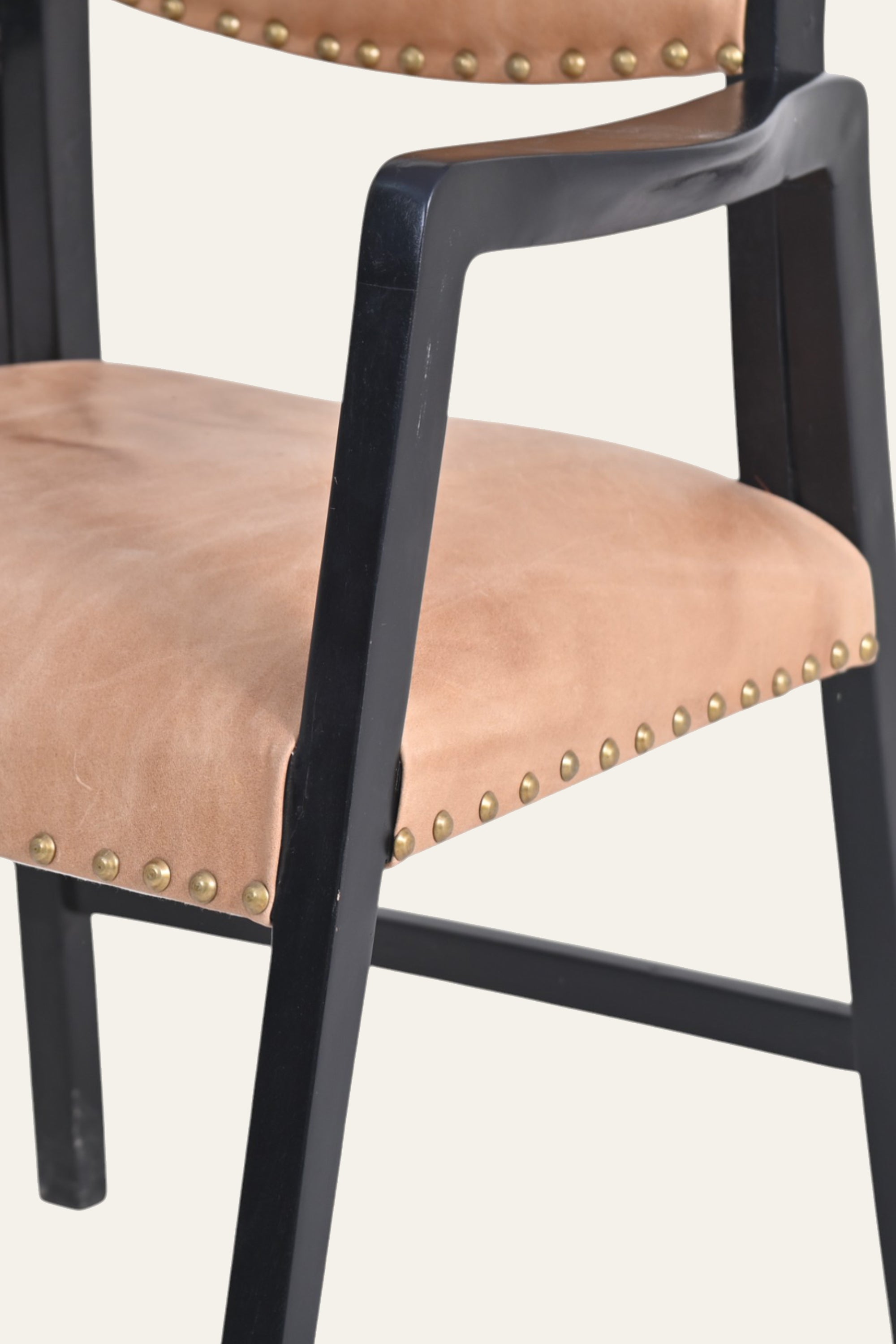 Black Wooden Armchair with Tan Studded Upholstery