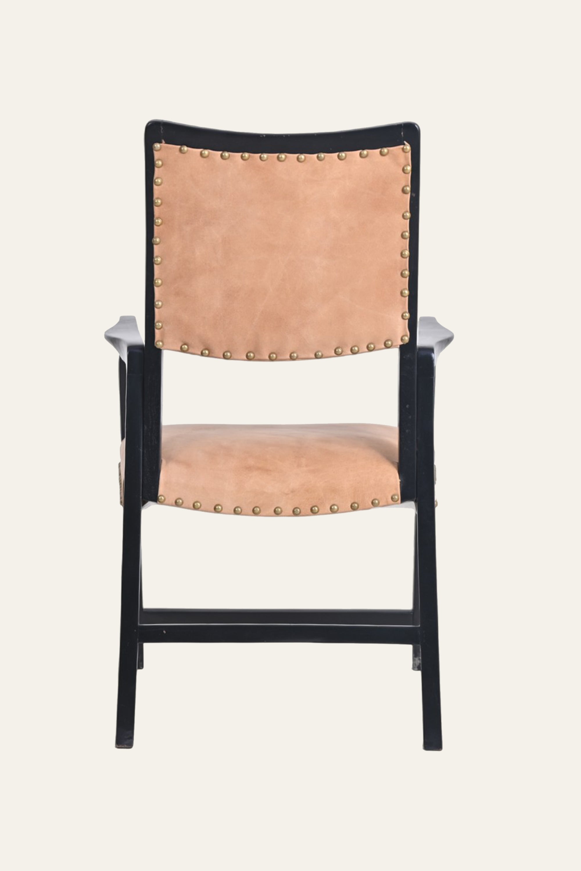 Black Wooden Armchair with Tan Studded Upholstery
