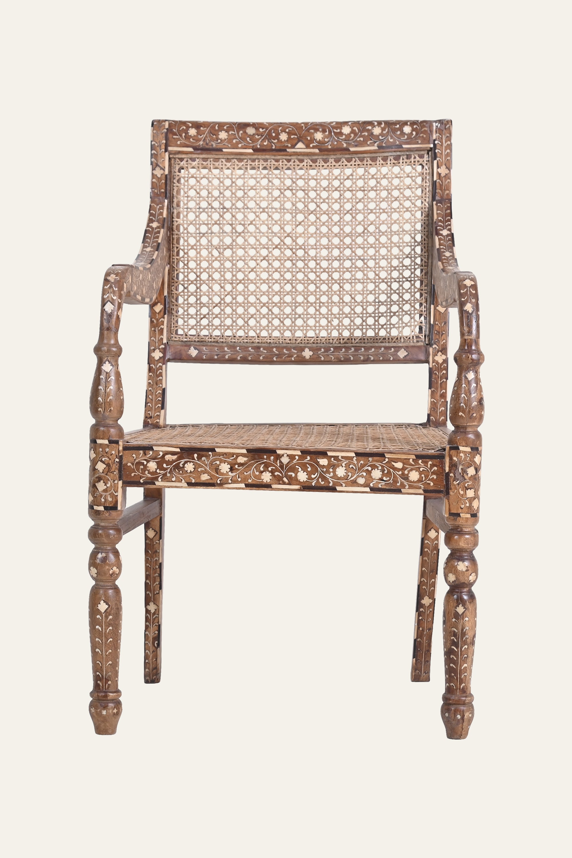 Indian Style Bone Inlay Cane High-Back Arm Chair