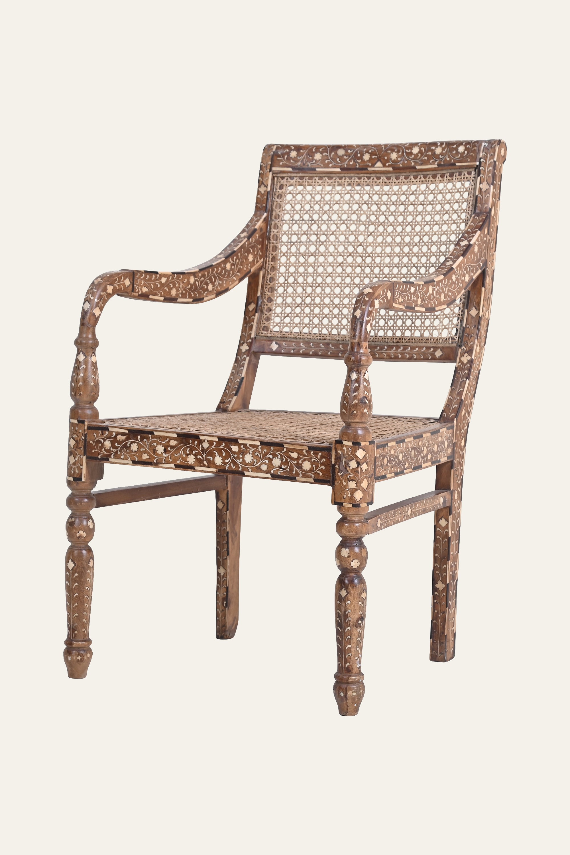 Indian Style Bone Inlay Cane High-Back Arm Chair
