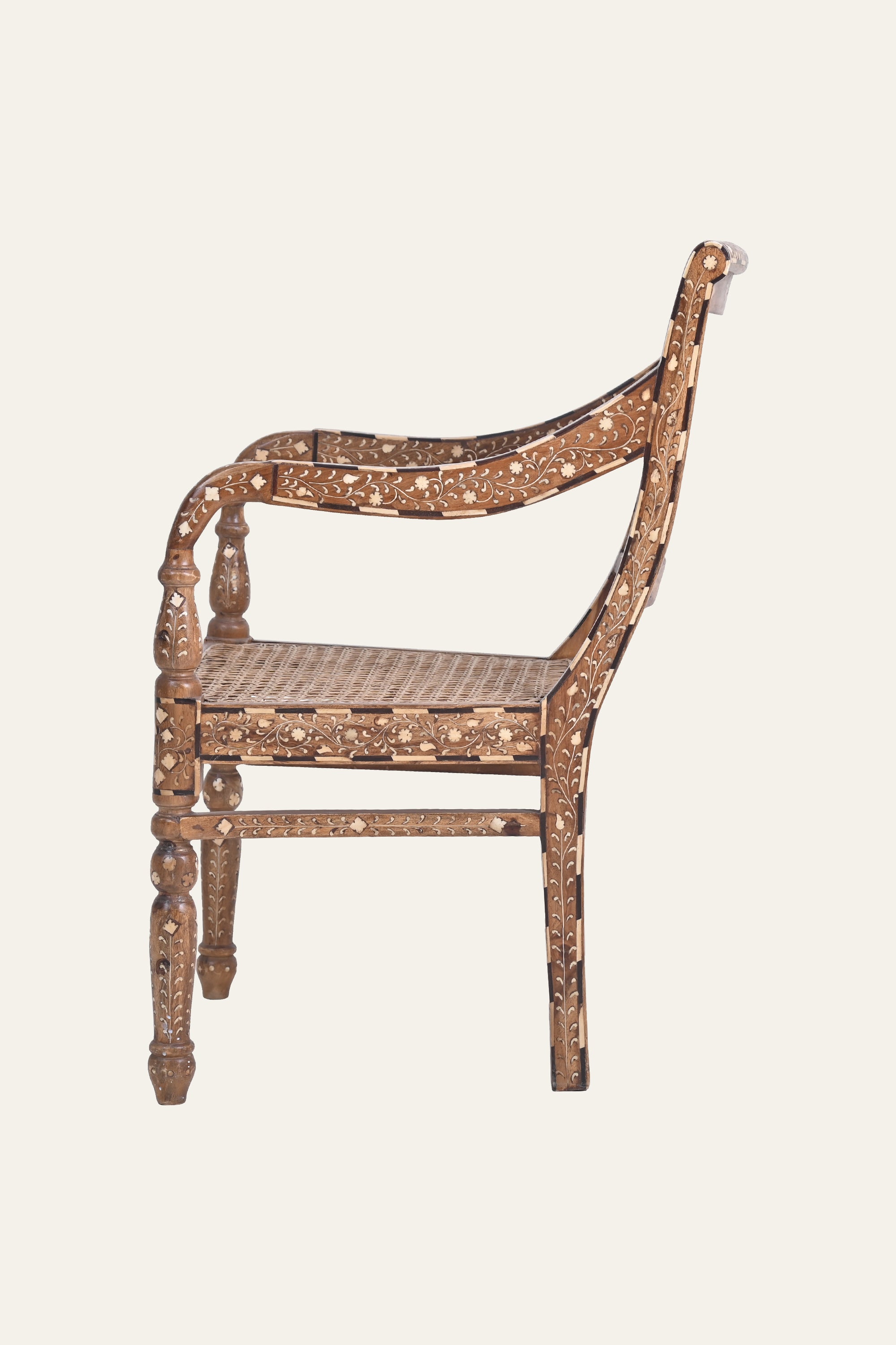 Indian Style Bone Inlay Cane High-Back Arm Chair