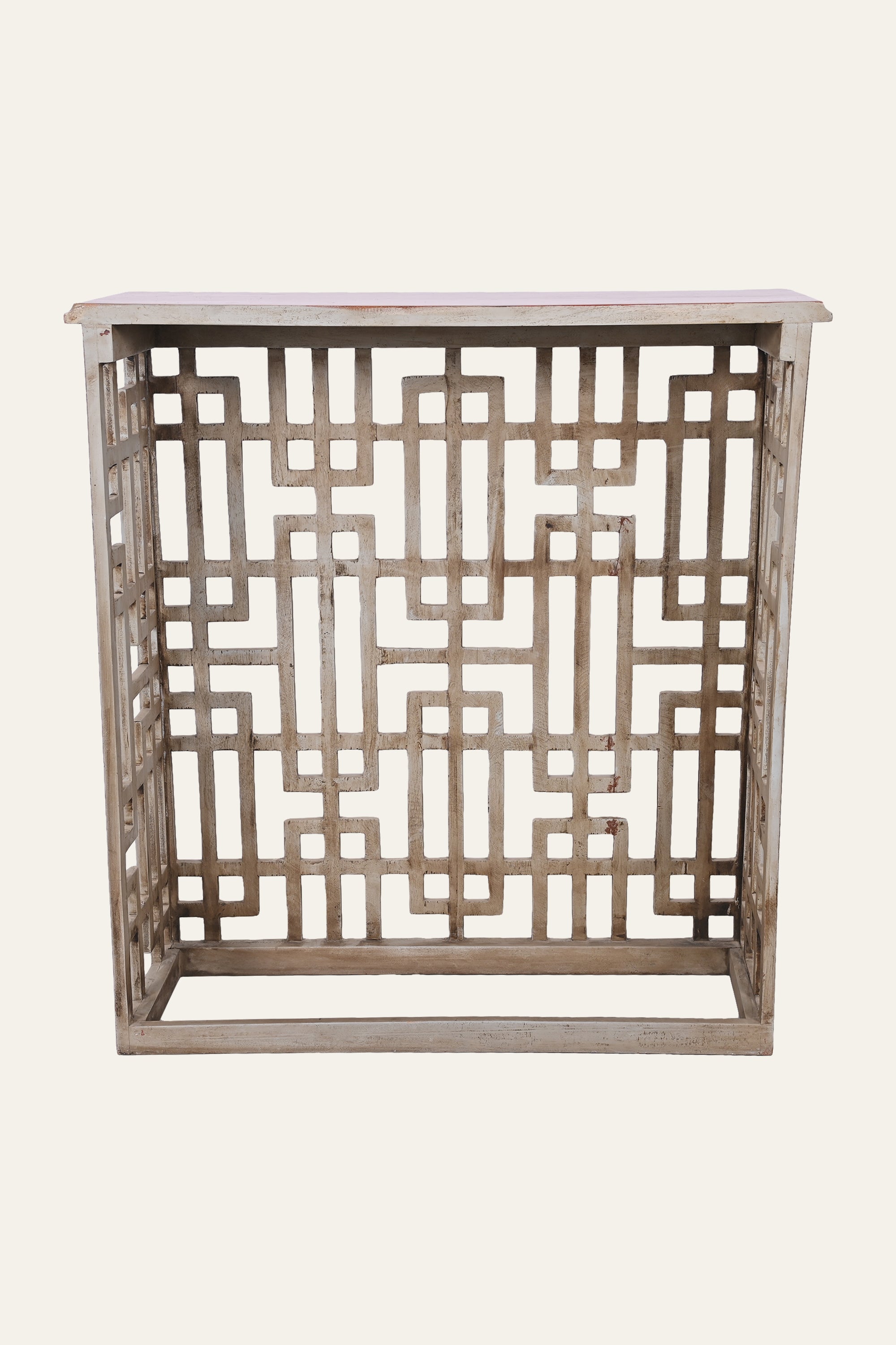 Japanese-Inspired Lattice Open Frame Console Table with Brown Top