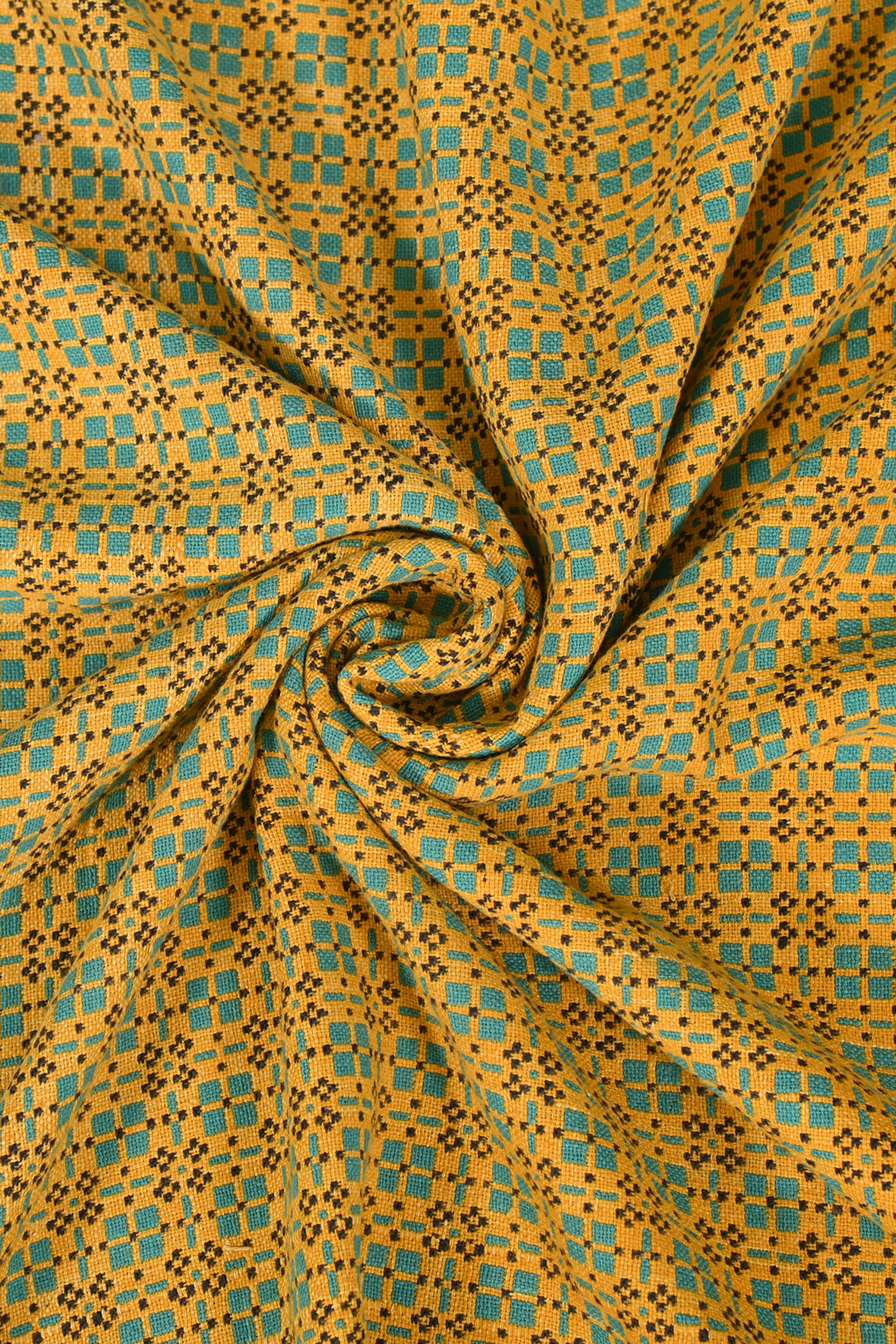 Olive Check Reversible Cotton Khes Textile with Yellow Accent Weave