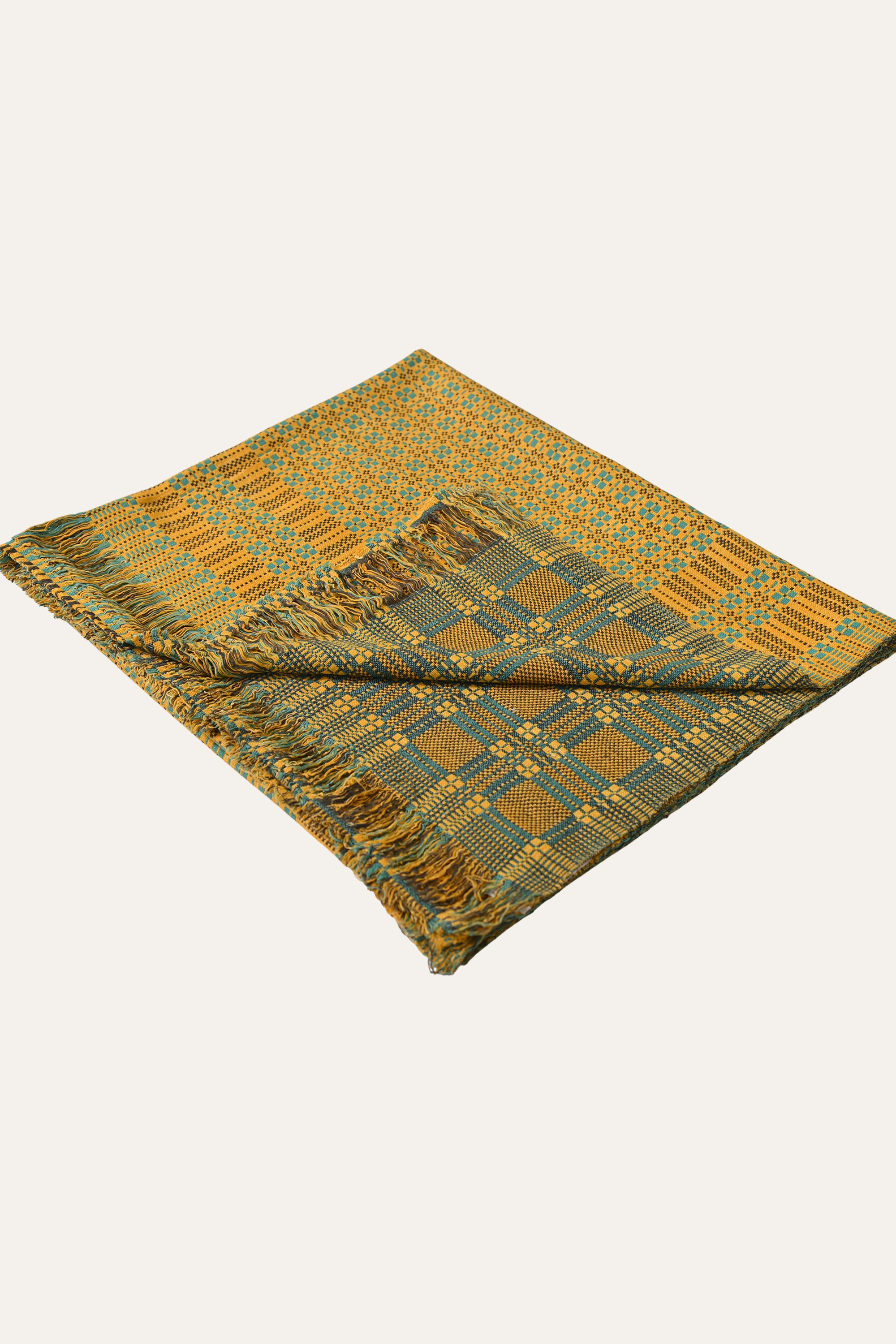 Olive Check Reversible Cotton Khes Textile with Yellow Accent Weave