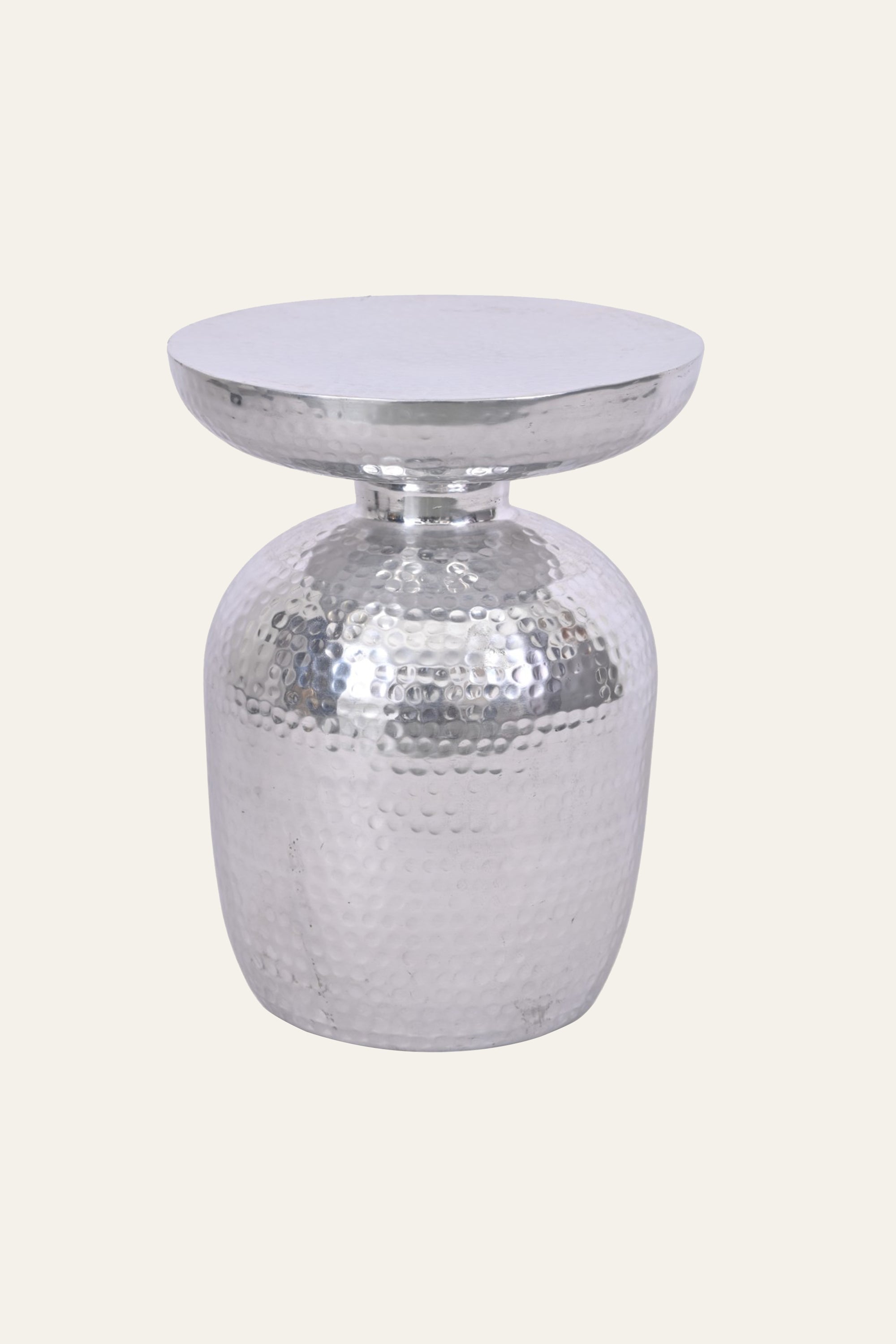 Silver Hammered Metal Drum Side Table with Round Top