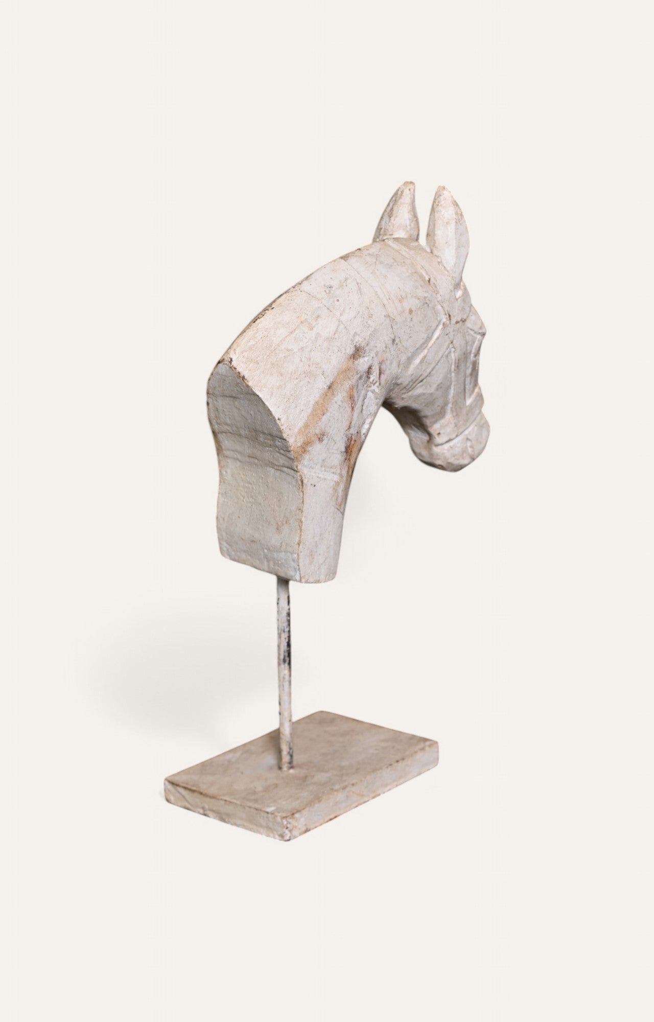 Wooden White Horse Head Sculpture on Metal Stand