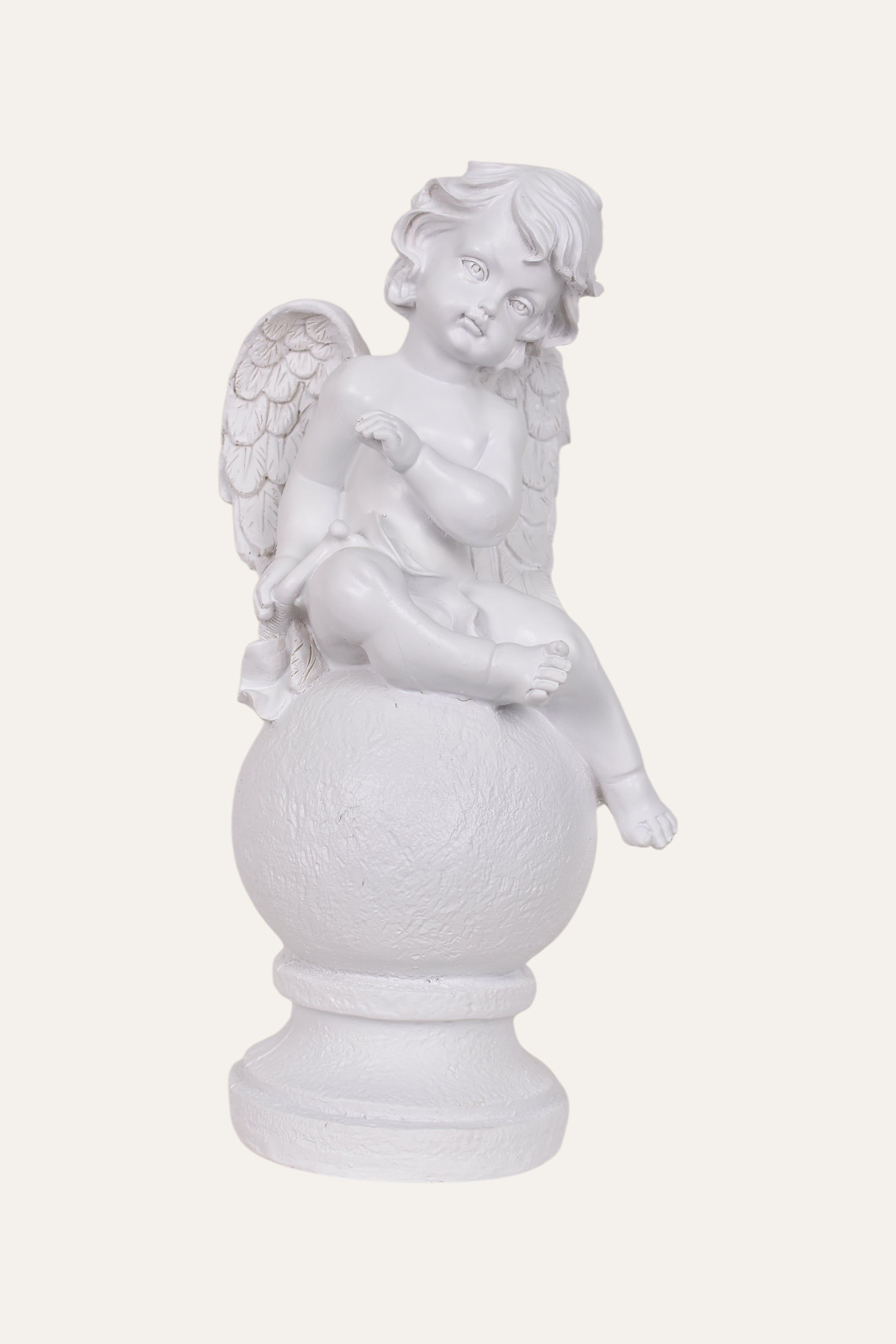 Classical White Resin Cherub Angel Statue Resting on Sphere