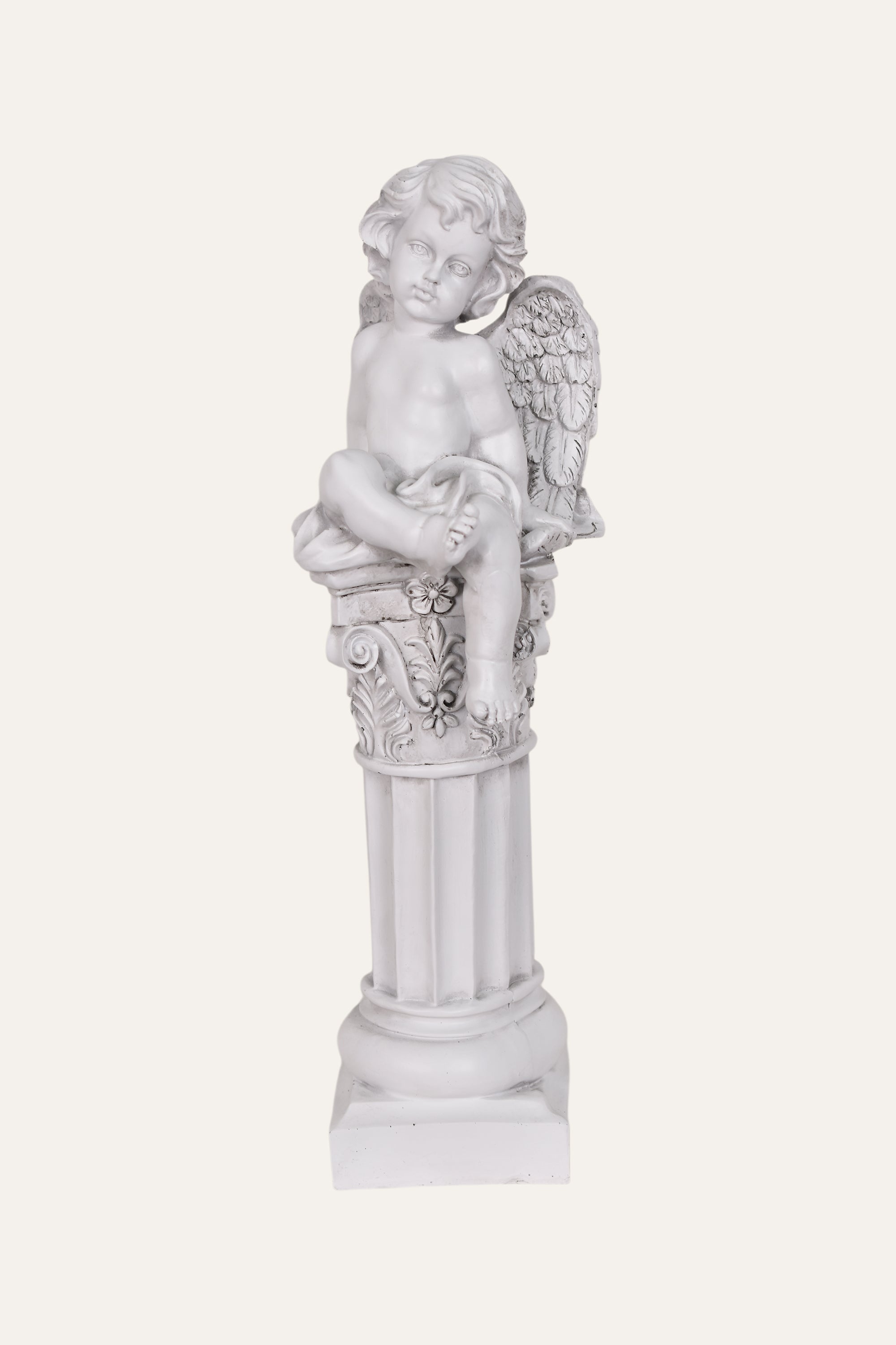 Classical White Resin Garden Cherub Angel Statue on Roman Column Pedestal