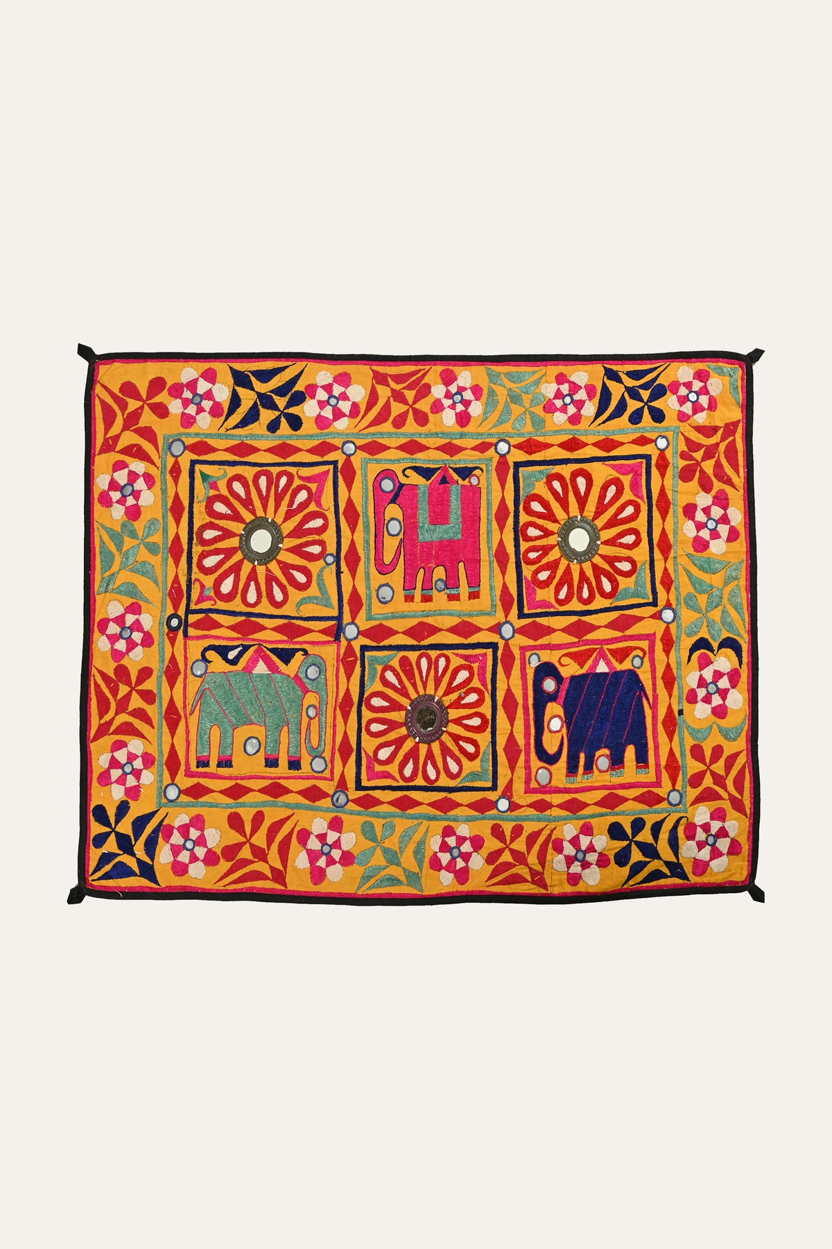 Elephant & Botanical Mirrorwork Six Grid Embroidered Wall Hanging