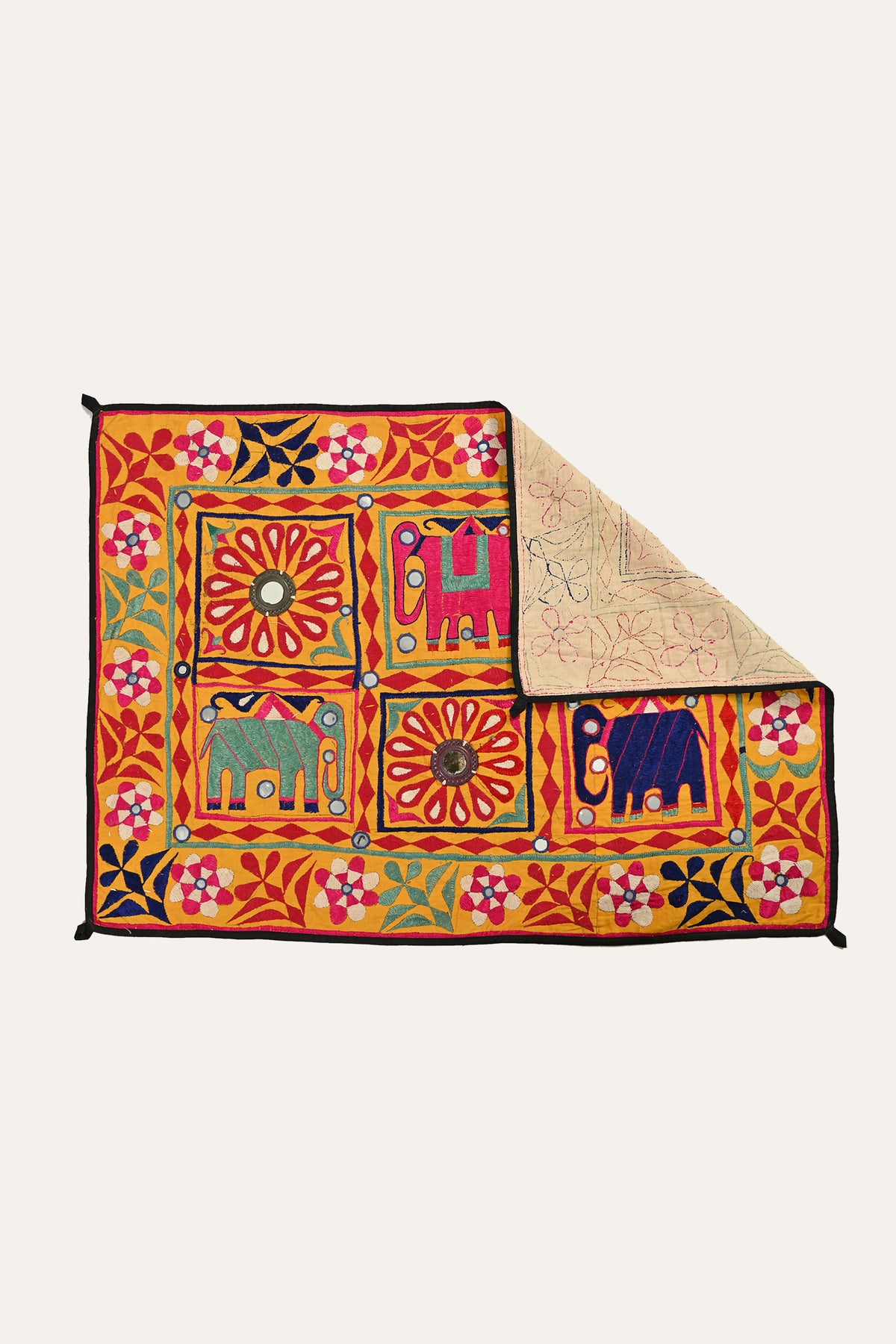 Elephant & Botanical Mirrorwork Six Grid Embroidered Wall Hanging