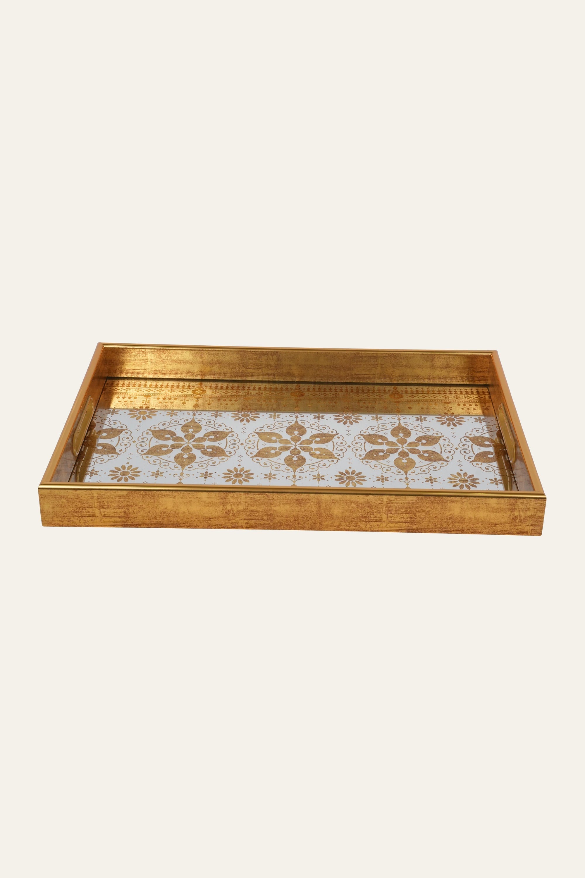 Decorative floral serving tray with golden motif