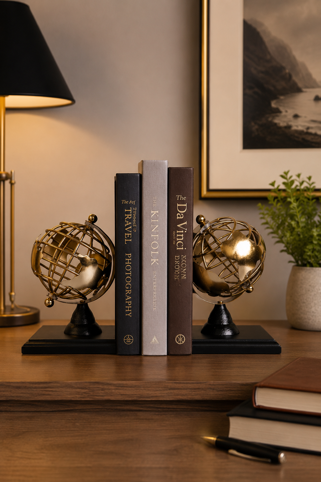 Decorative globe bookends for bookshelf