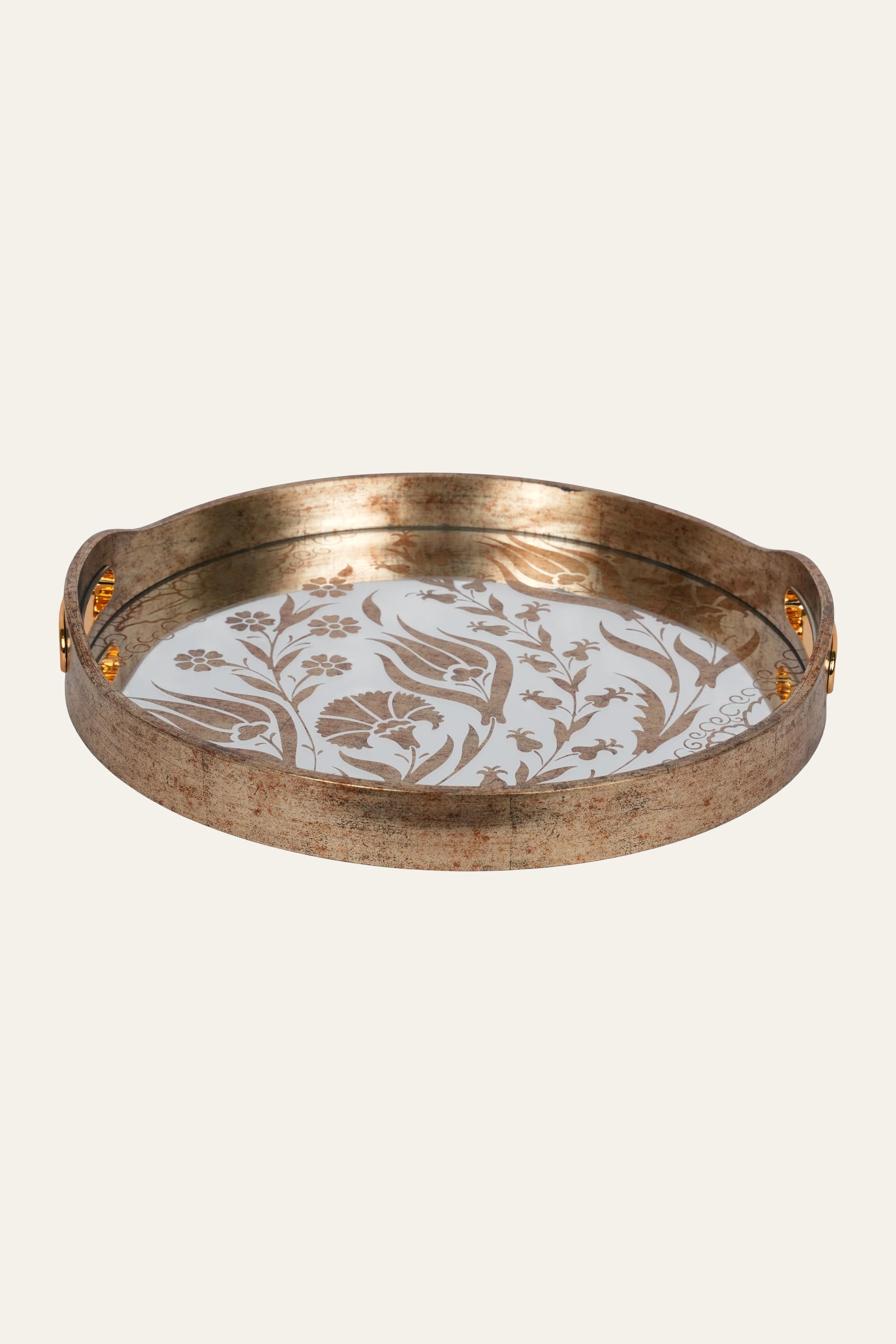 Decorative round glass tray with golden pattern