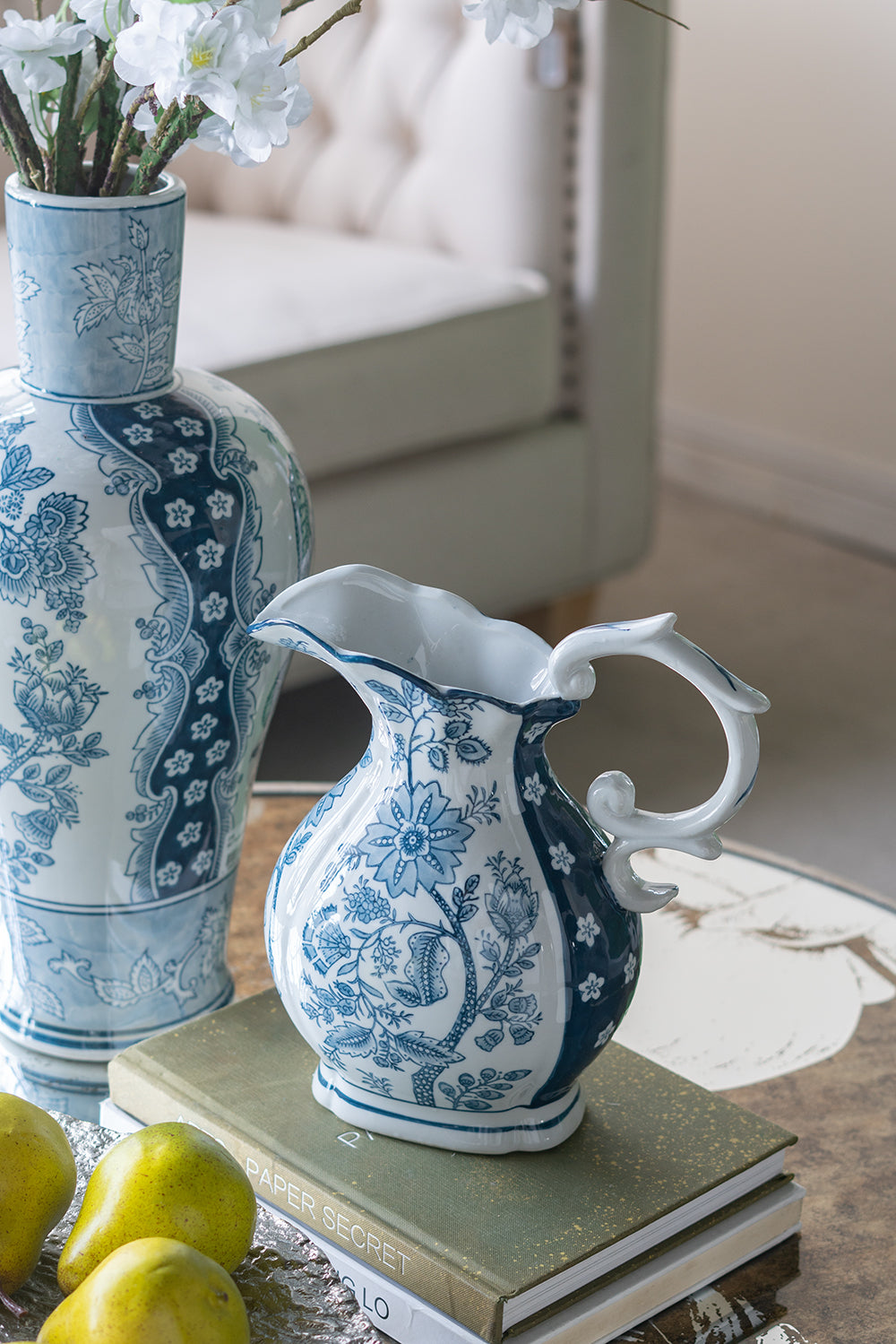 Blue and white ceramic pitcher
