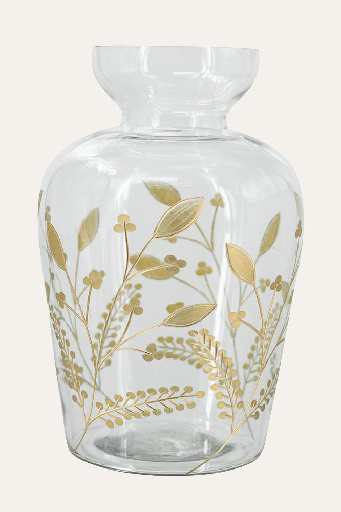 Clear glass vase with gold leaf patterns