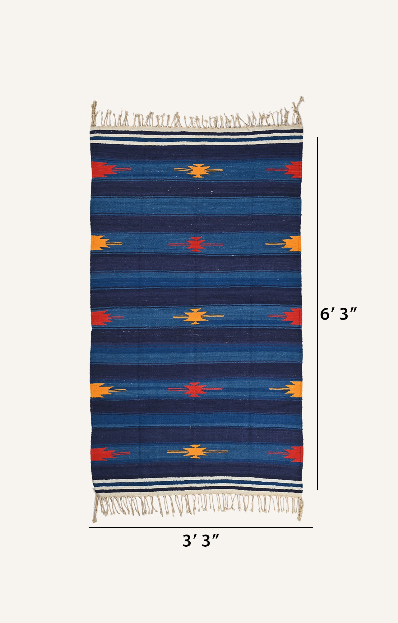 "Elegant Blue Striped Durrie with Intricate Patterns"