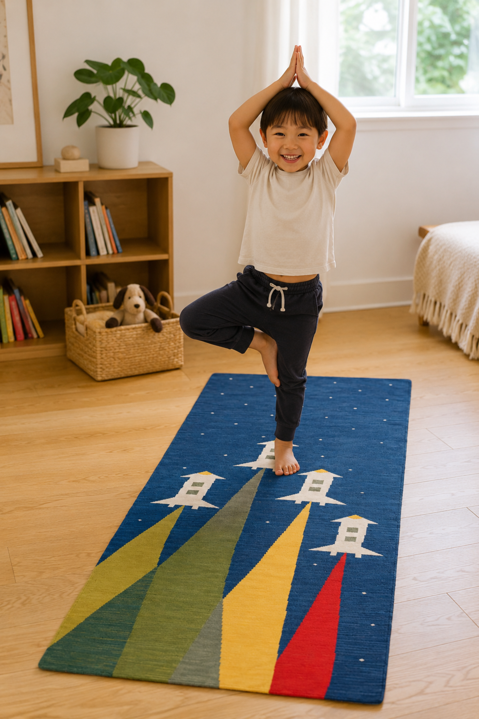 Flying Blue Rocket Space-Inspired Cotton Yoga Mat for Kids