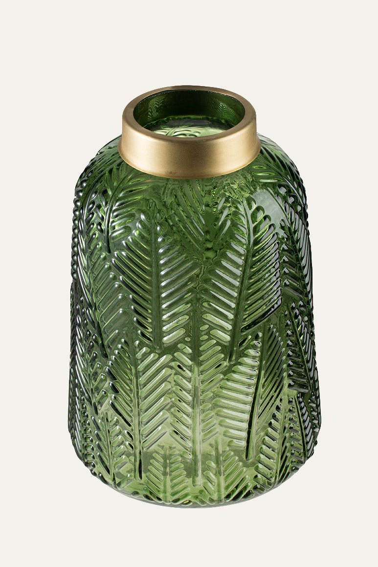 Green Embossed Leaf Glass Vase