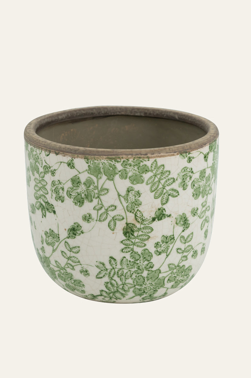 Green white decorative botanical planter pot