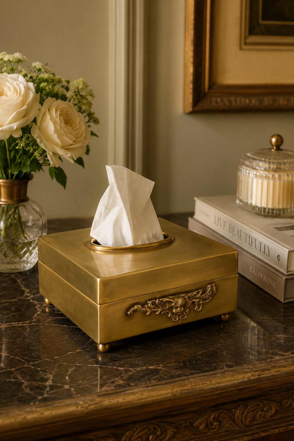 Antique Brass Tissue Box Holder - Small