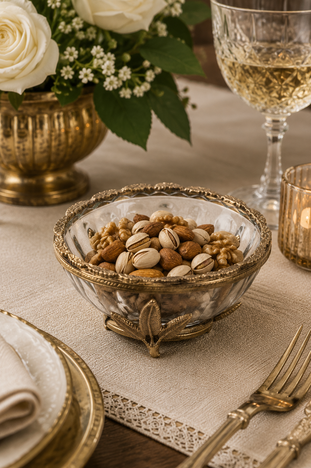 Ornate Brass & Glass Bowl for Luxury Table Decor