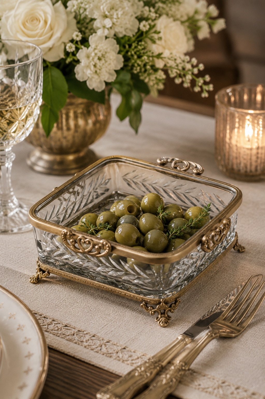 Antique Brass & Glass Bowl for Dining Table Decor