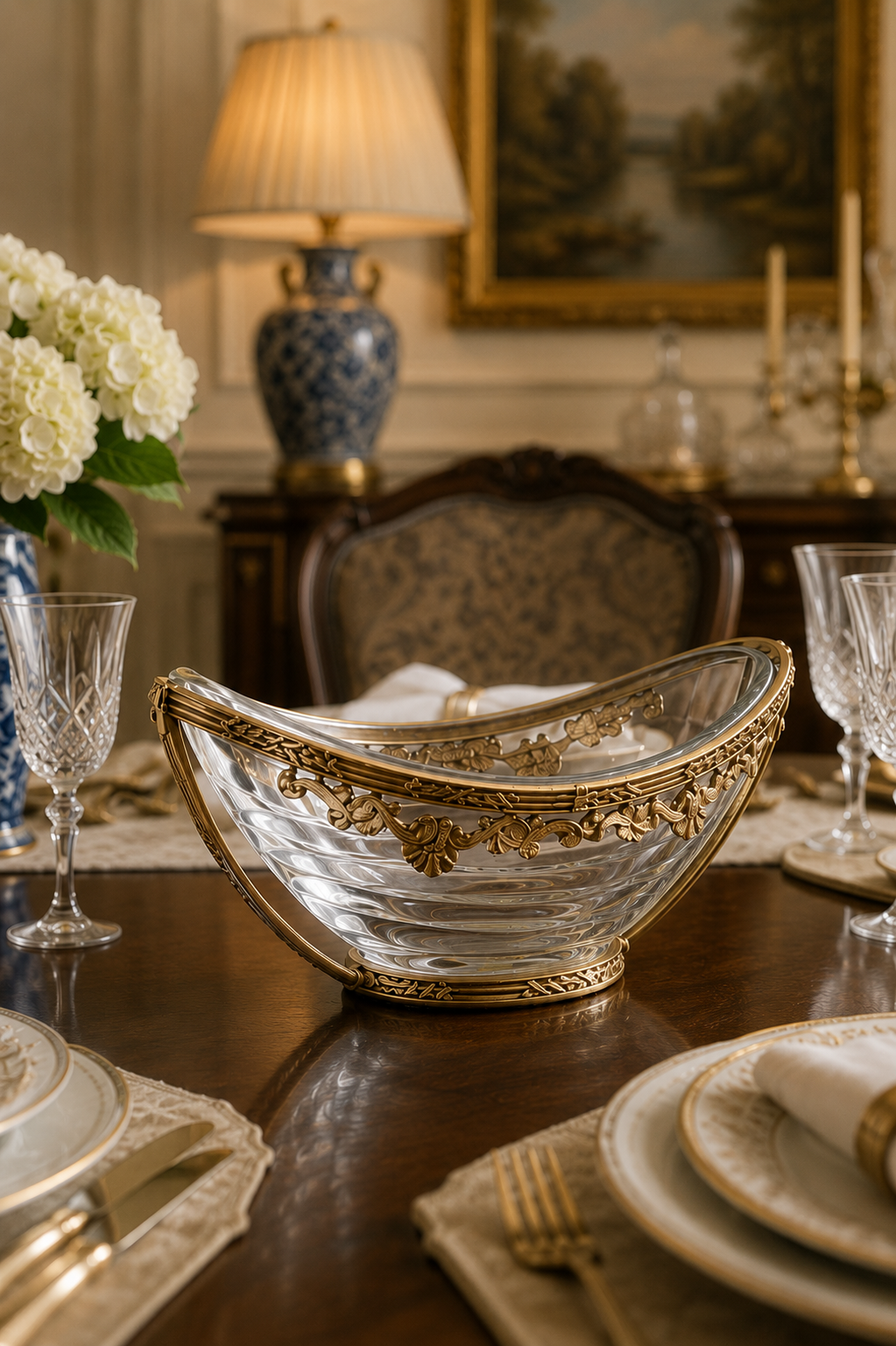 Oval Ribbed Glass Decorative Bowl with Antique Brass Finish