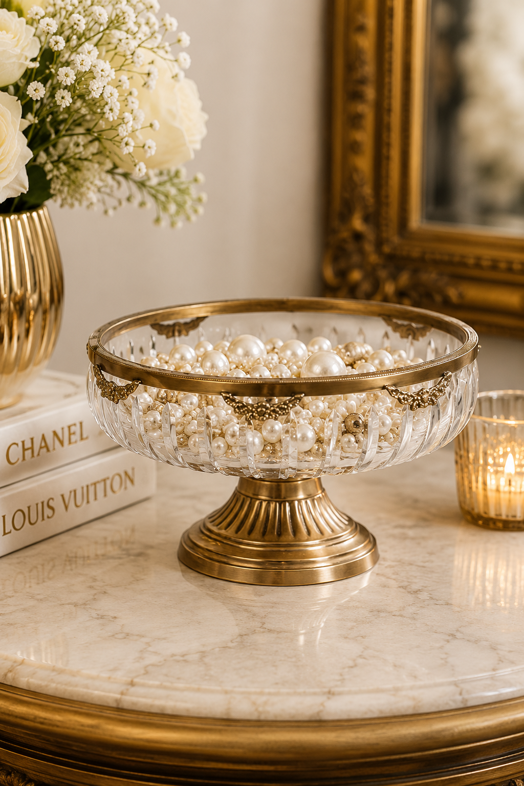 Ornate Glass Decorative Bowl with Brass Finish for Table Decor