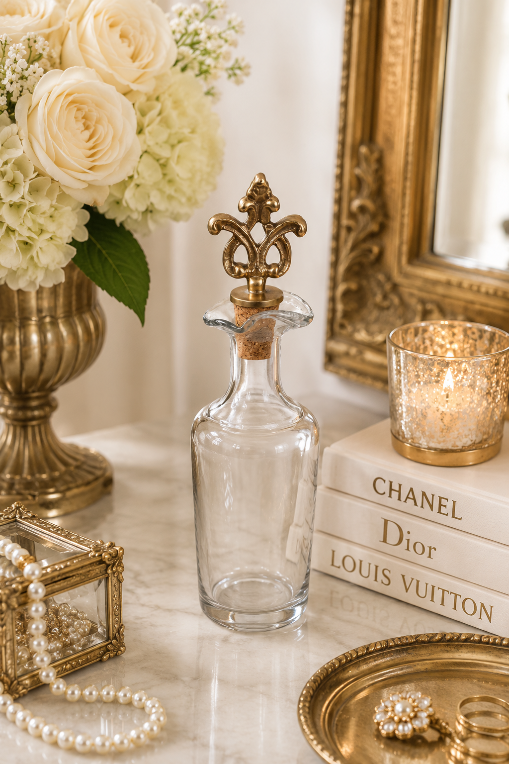 Vintage Brass & Glass Bottle Container with Antique Stopper
