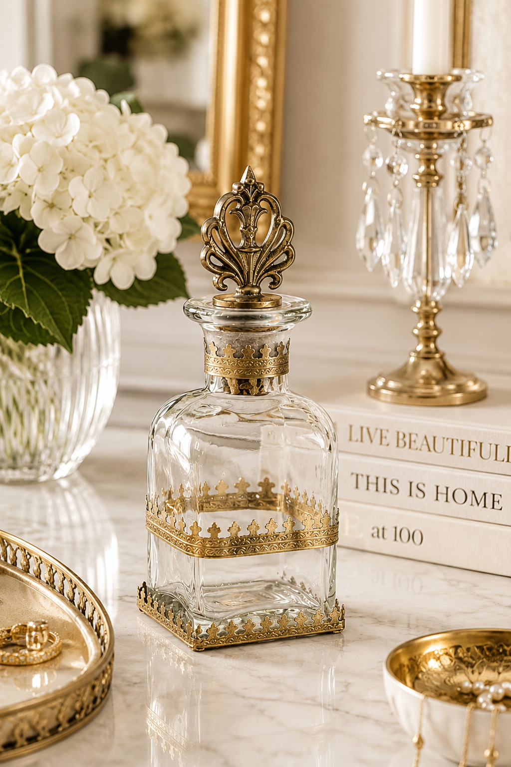 Brass & Glass Bottle Container with Antique Stopper - Big