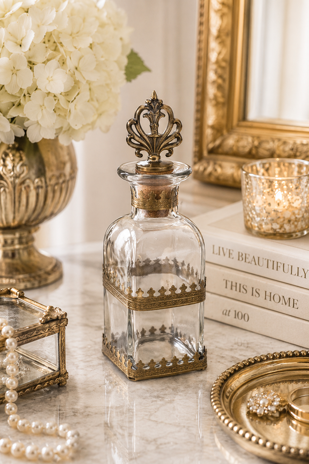 Brass & Glass Bottle Container with Antique Stopper - Small