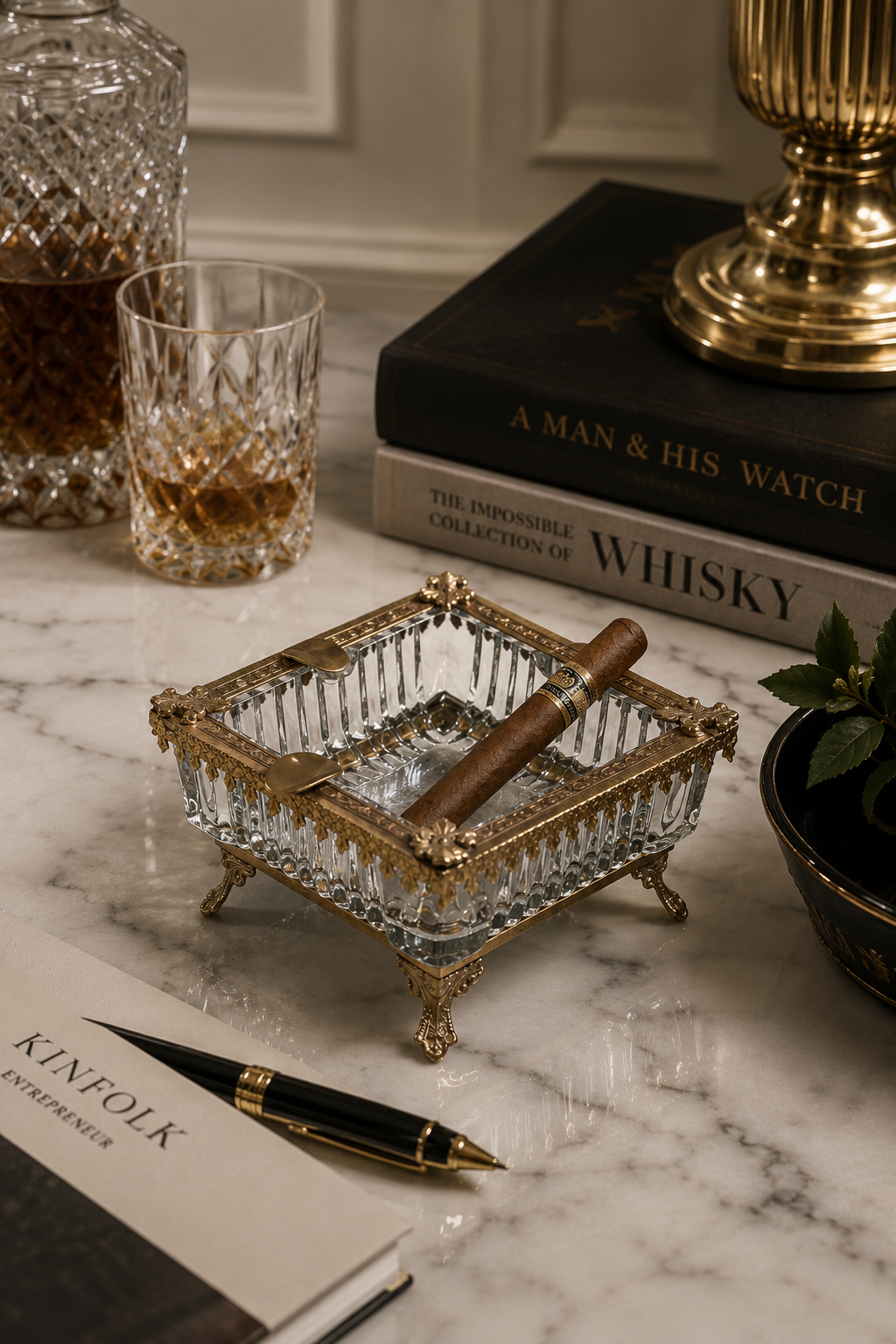 Ornate Brass & Glass Ash Tray for Table Decor