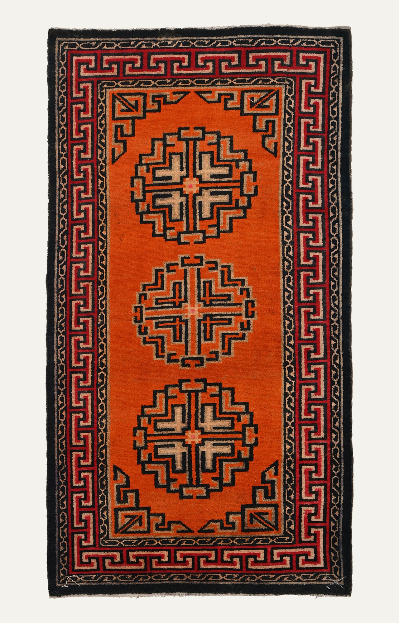 Hand-Knotted Carpet with Round Geometric Pattern