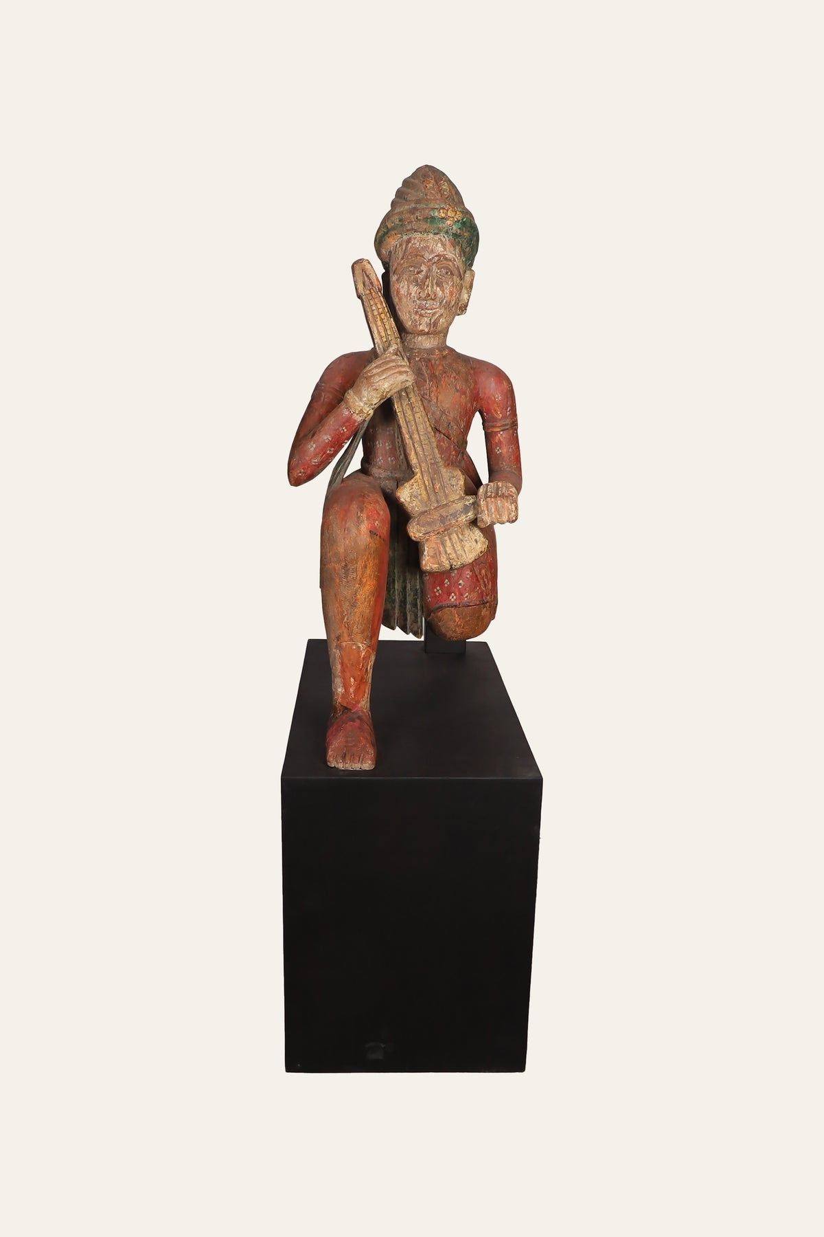 Rajasthani Wooden Musician Figurine on Black Base