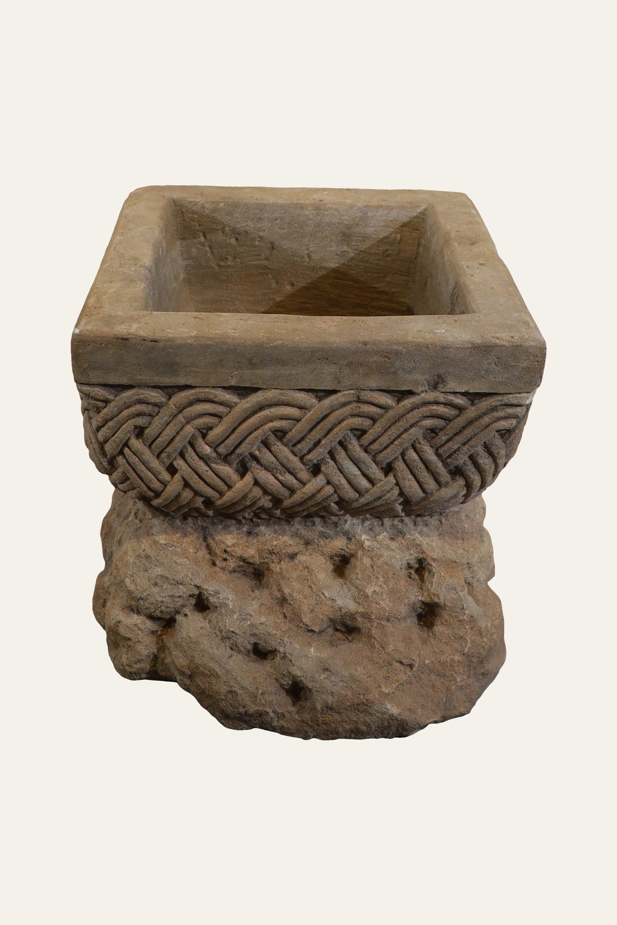 Square Stone Planter with Braided Carving & Rock-Cut Base