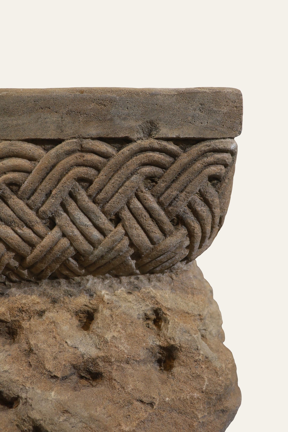 Square Stone Planter with Braided Carving & Rock-Cut Base