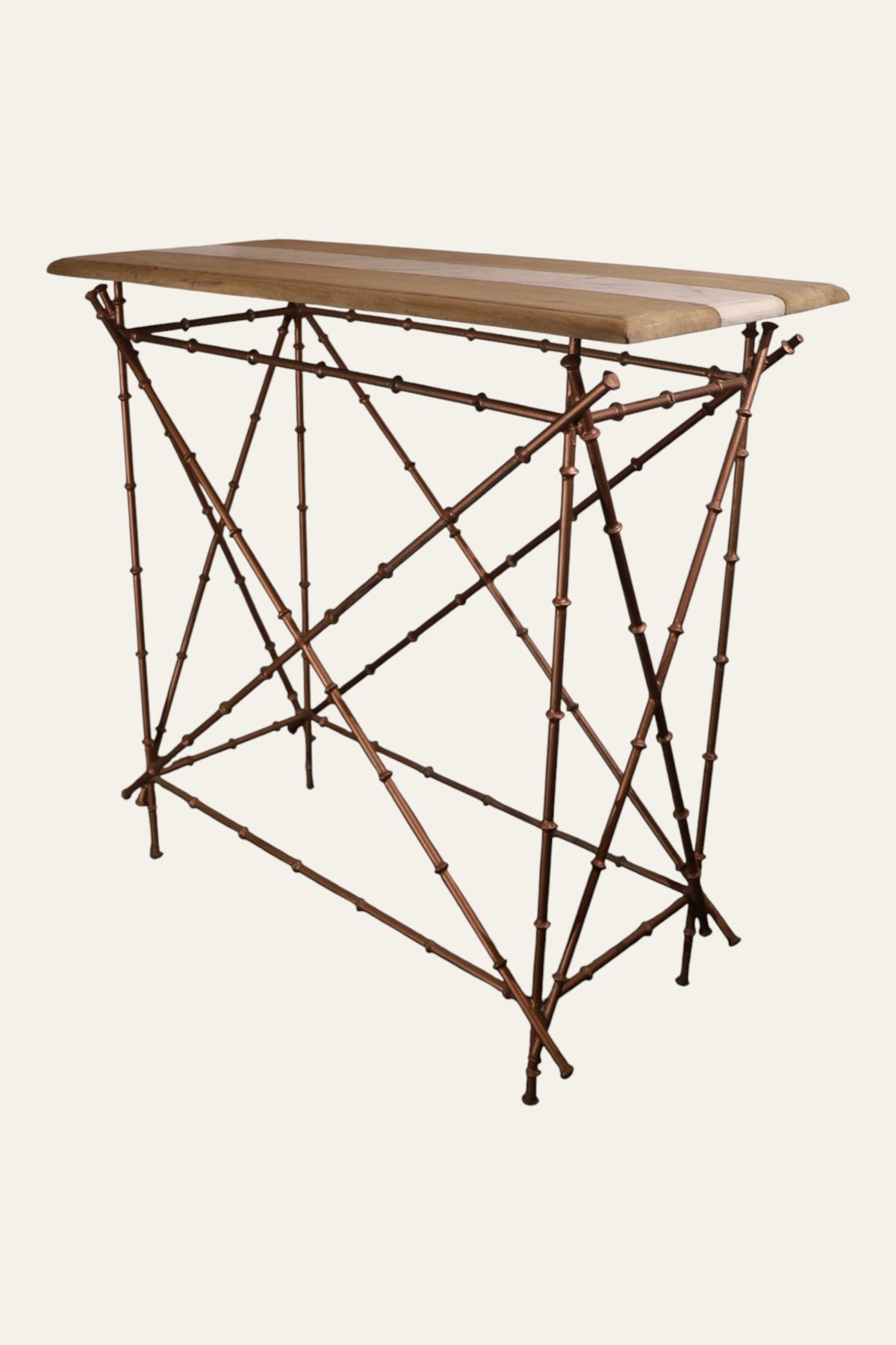 Bamboo Style Cross-Brace Console Table with Marble & Wood Top